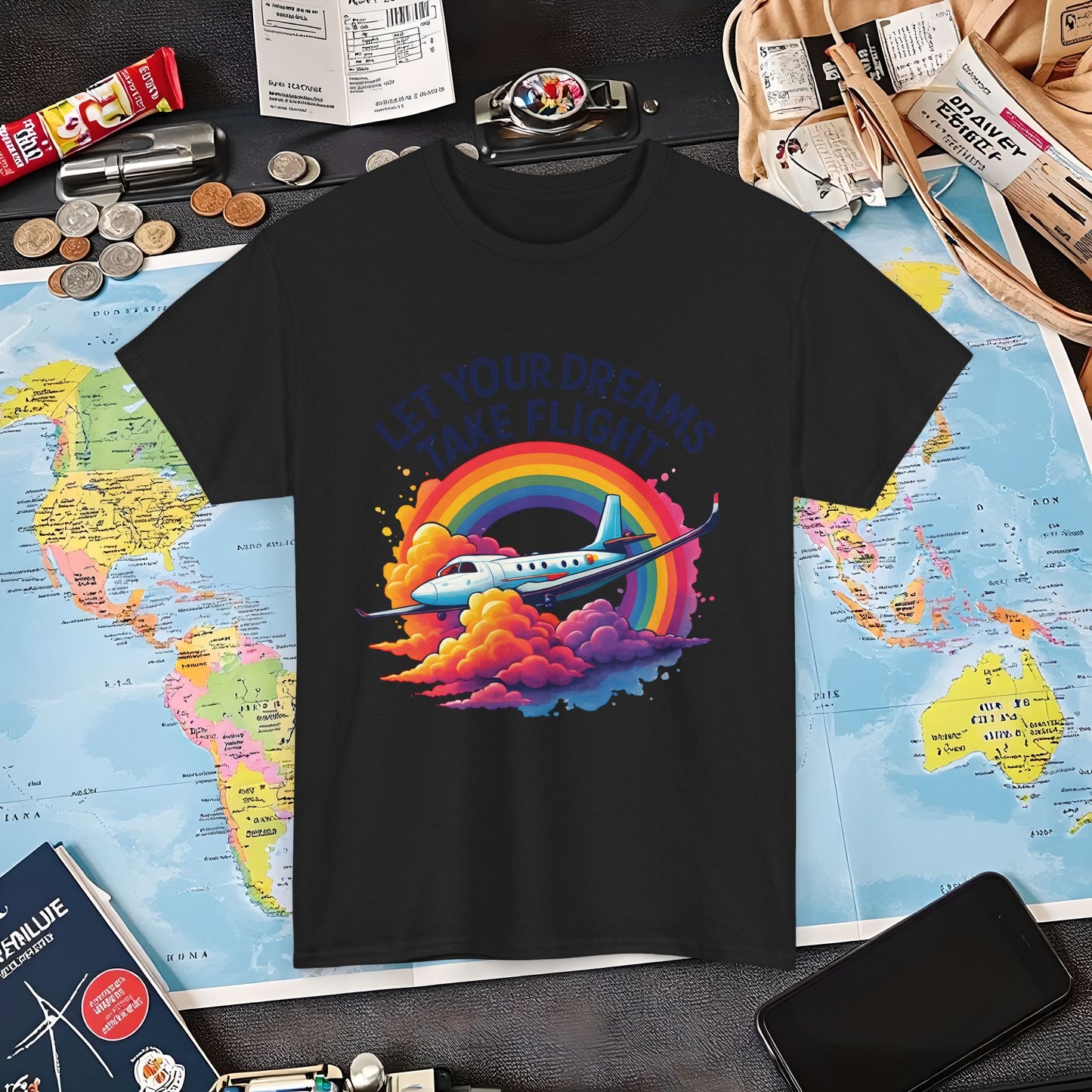 Let Your Dreams Take Flight T-Shirt – Airplane with Rainbow Trail Design Air Travel T-Shirts | Jetsetter, Airport, and International Flight Tees