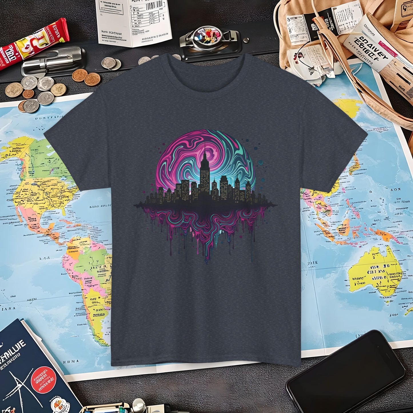 Psychedelic Skyline Air Travel T-Shirts | Jetsetter, Airport, and International Flight Tees