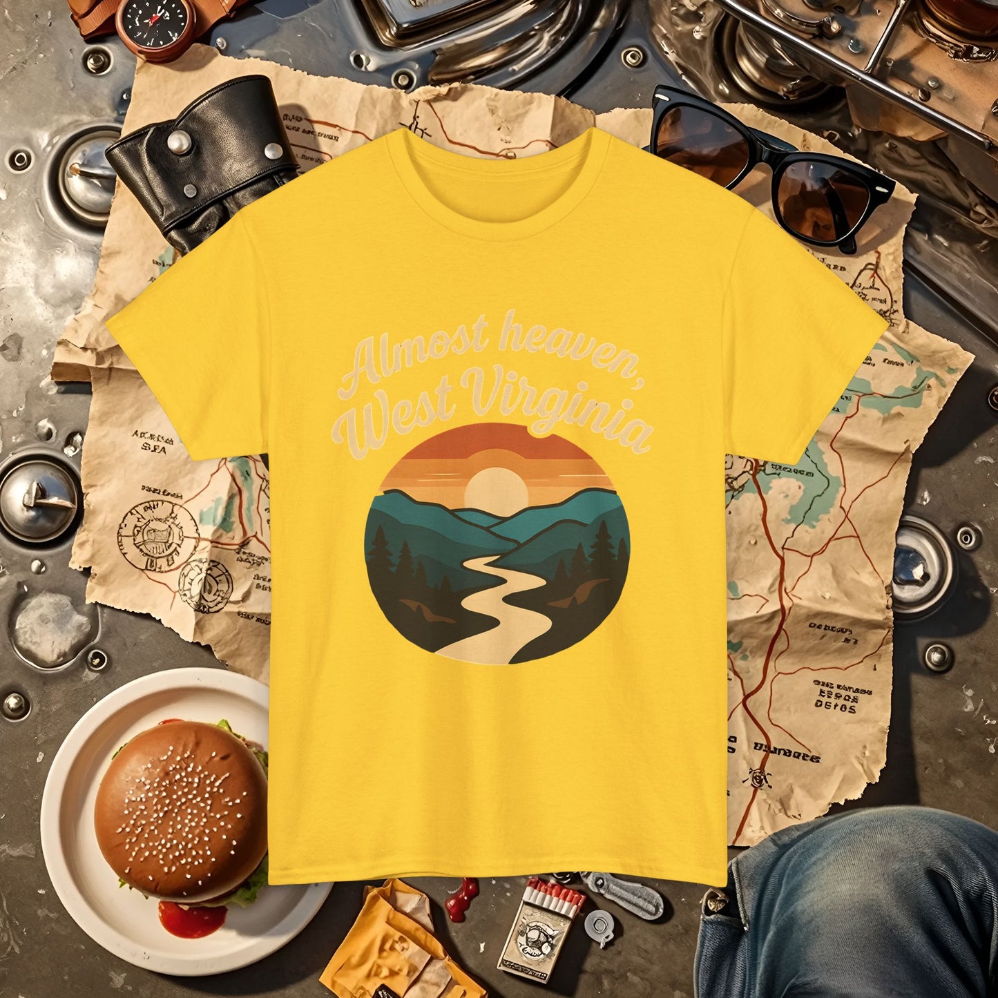 Almost Heaven, West Virginia T-Shirt – Vintage Appalachian Sunset with Winding River Road Trip & Vehicle Travel T-Shirts | Car, RV, and Motorcycle Adventure Tees