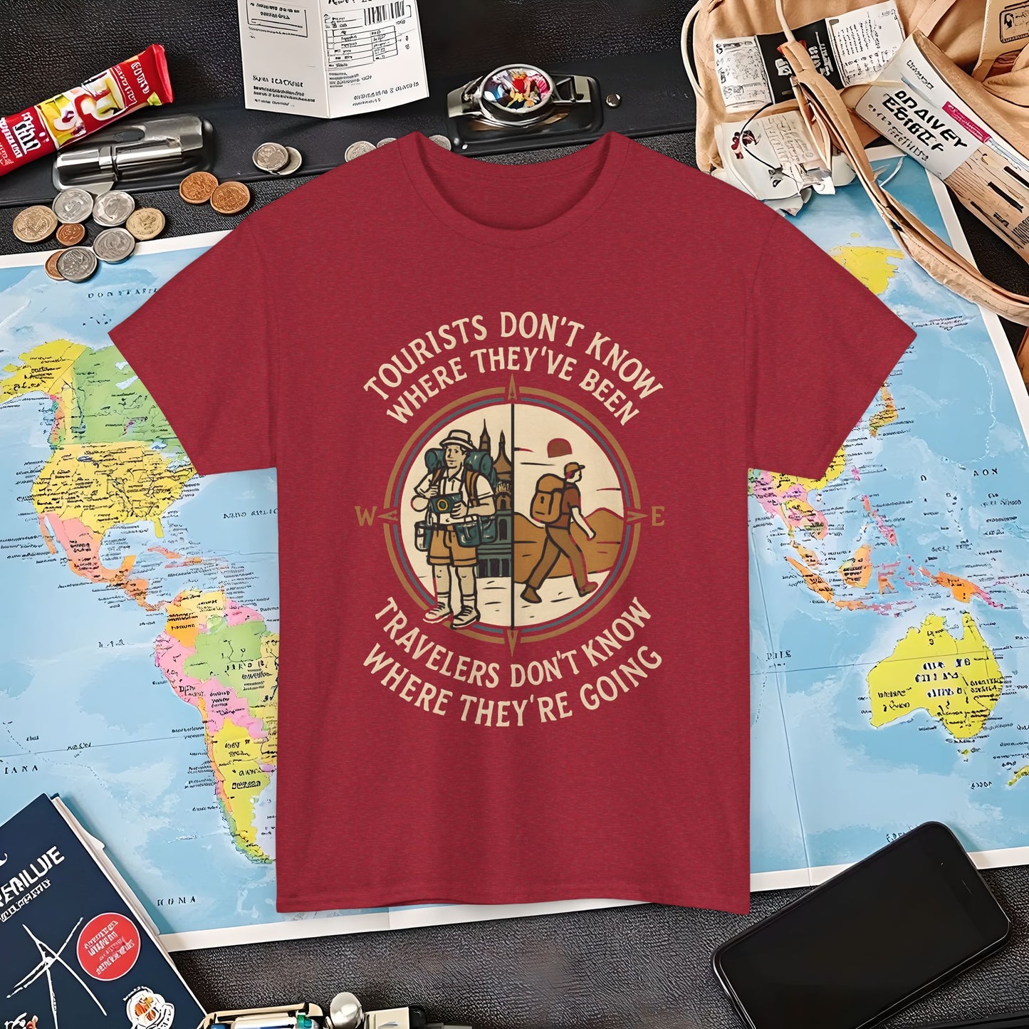 Tourists vs. Travelers – Vintage Compass Emblem Quote Tee | Layover Club Air Travel T-Shirts | Jetsetter, Airport, and International Flight Tees