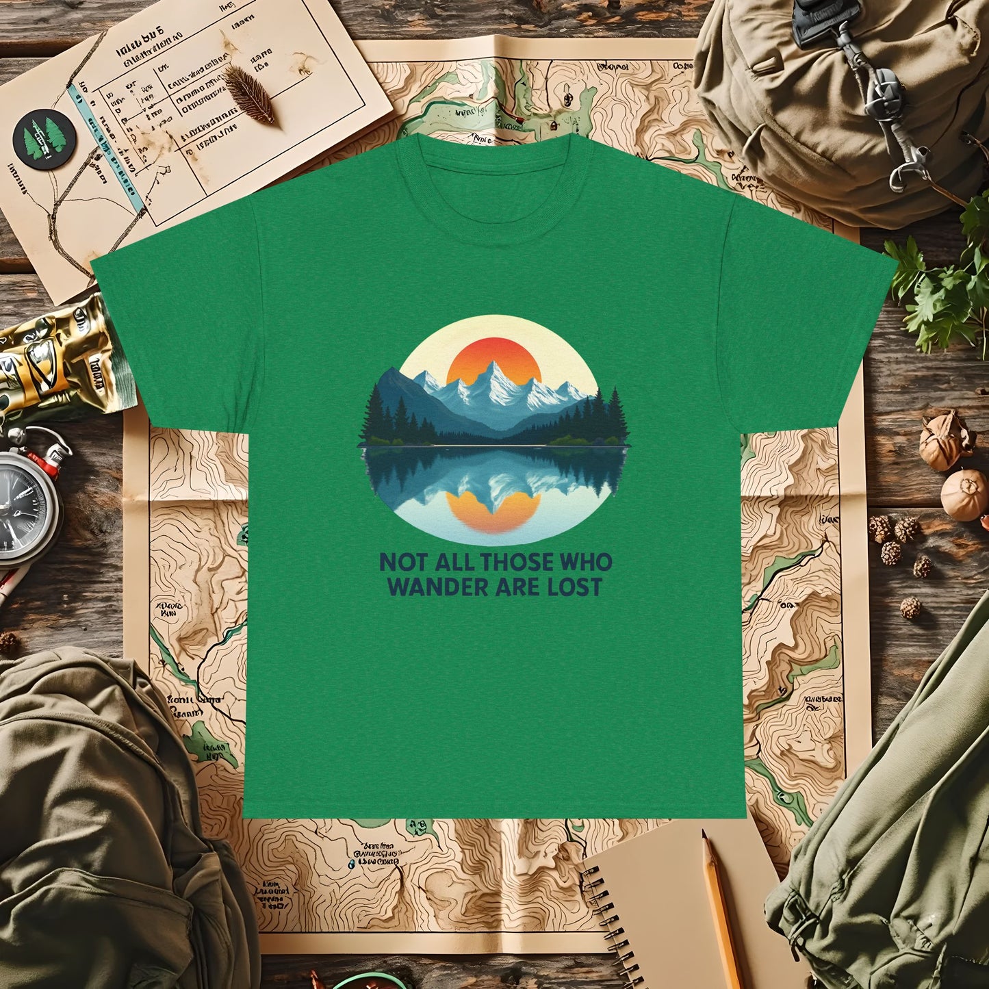 Not All Who Wander Are Lost T-Shirt – Sunset Over Mountain Lake and Forest Reflection Camping, Hiking, Rafting & Kayaking Tees for Nature Lovers