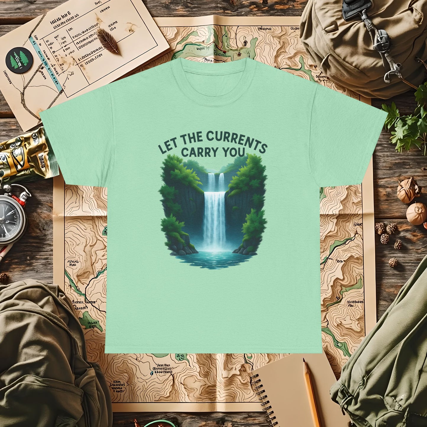Let the Currents Carry You T-Shirt – Waterfall Escape Design Camping, Hiking, Rafting & Kayaking Tees for Nature Lovers