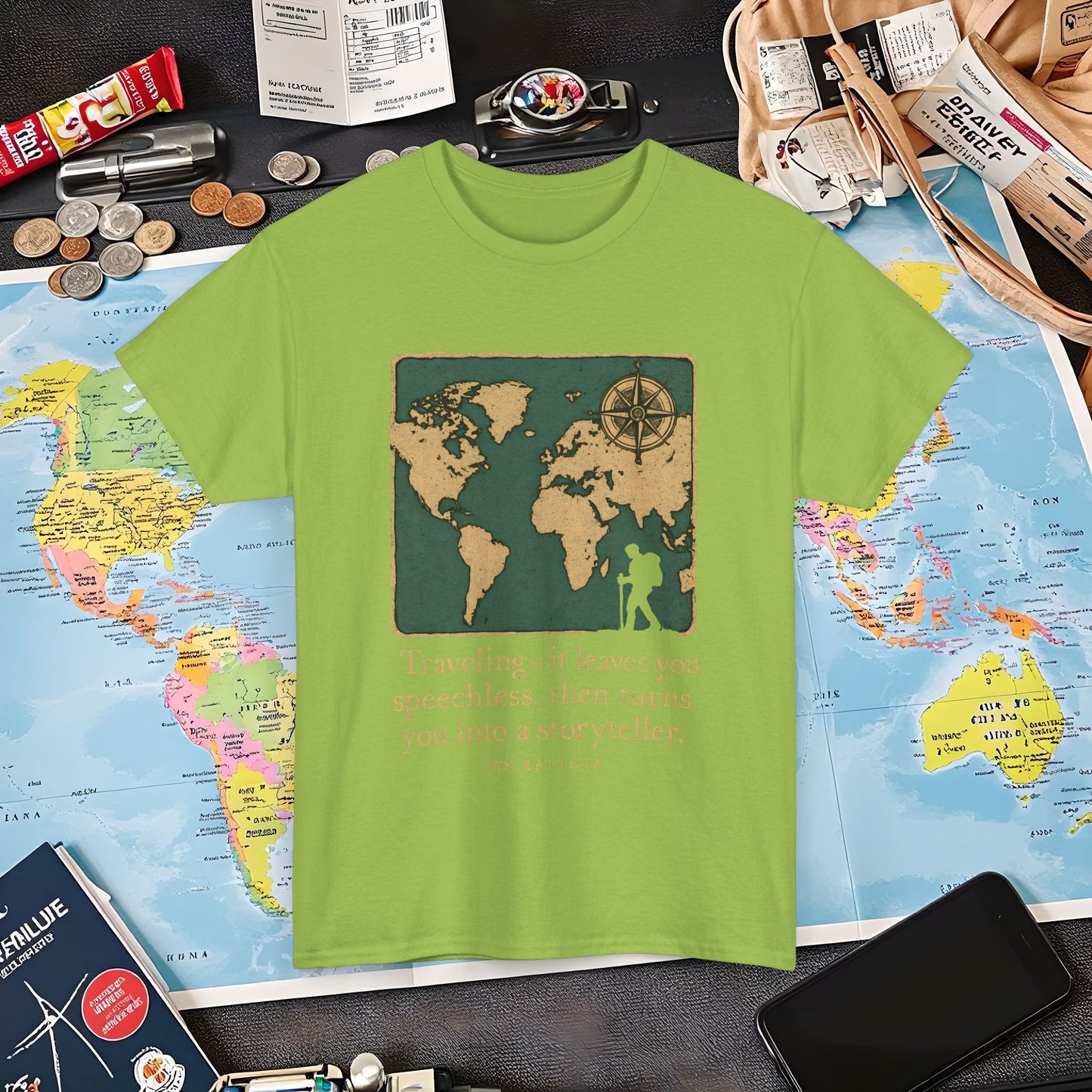 Speechless to Storyteller – Vintage Map Wanderlust Quote Tee Air Travel T-Shirts | Jetsetter, Airport, and International Flight Tees