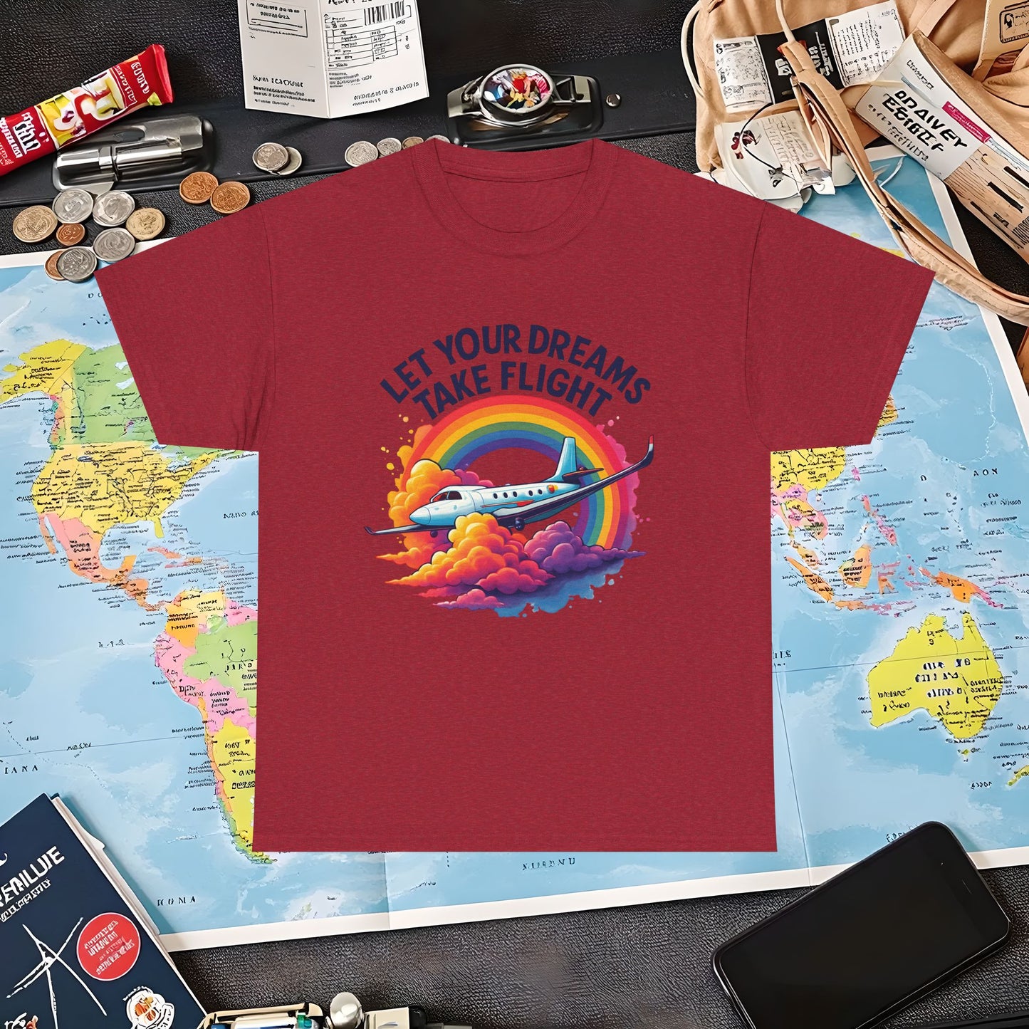 Let Your Dreams Take Flight T-Shirt – Airplane with Rainbow Trail Design Air Travel T-Shirts | Jetsetter, Airport, and International Flight Tees