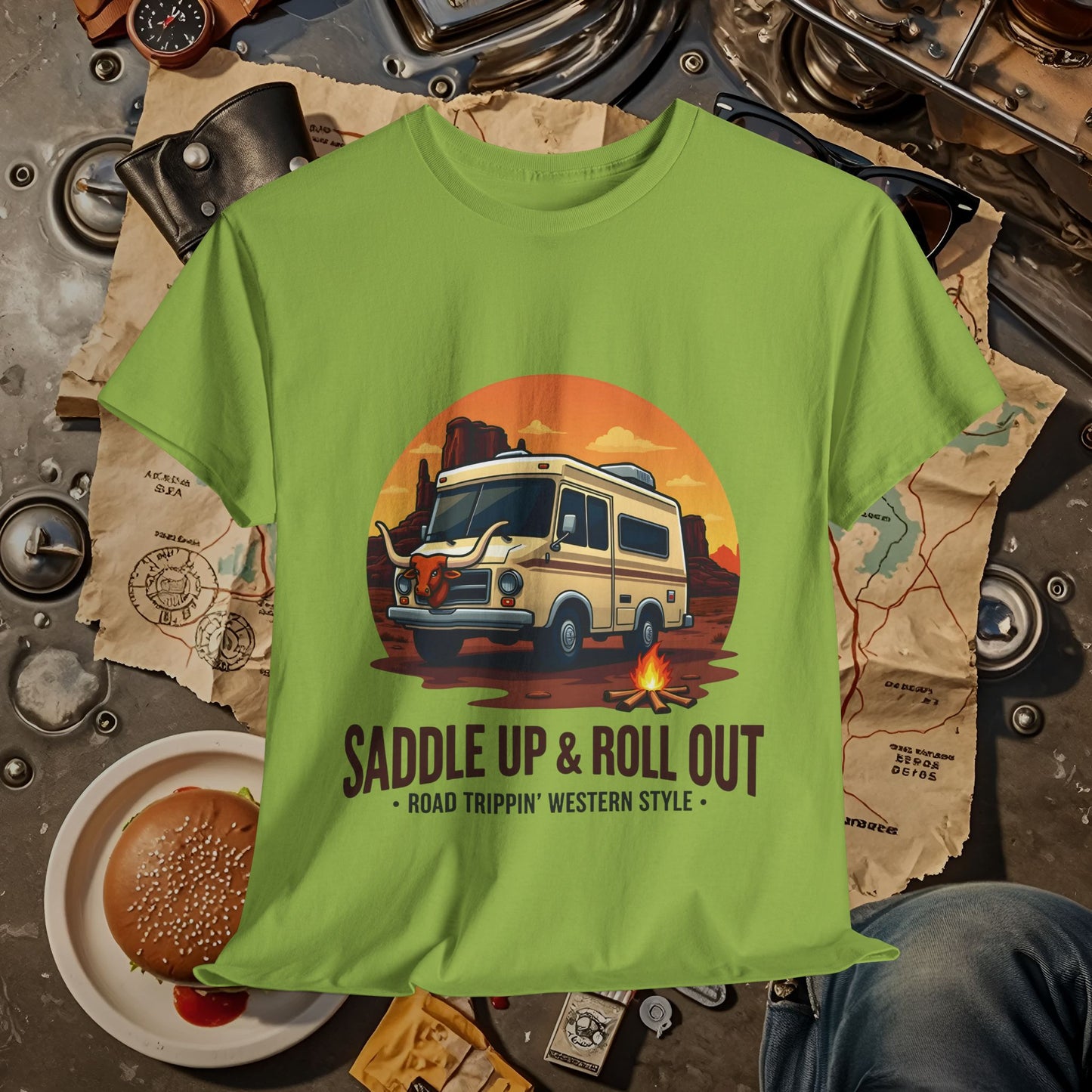 Saddle Up and Roll out Road Trip & Vehicle Travel T-Shirts | Car, RV, and Motorcycle Adventure Tees