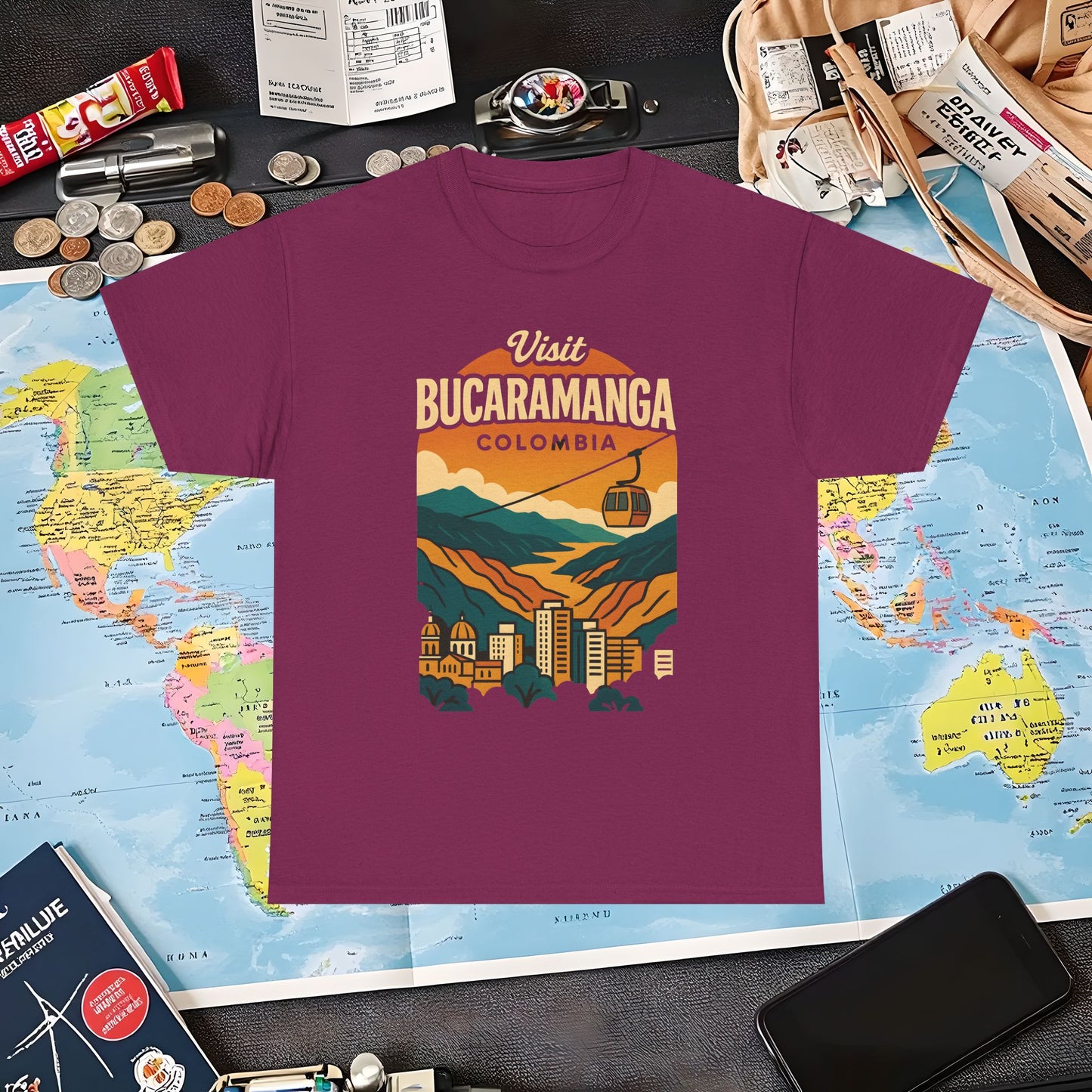 Retro Bucaramanga Skyline with Chicamocha Canyon – Vintage Colombia Travel Tee | Layover Club Air Travel T-Shirts | Jetsetter, Airport, and International Flight Tees