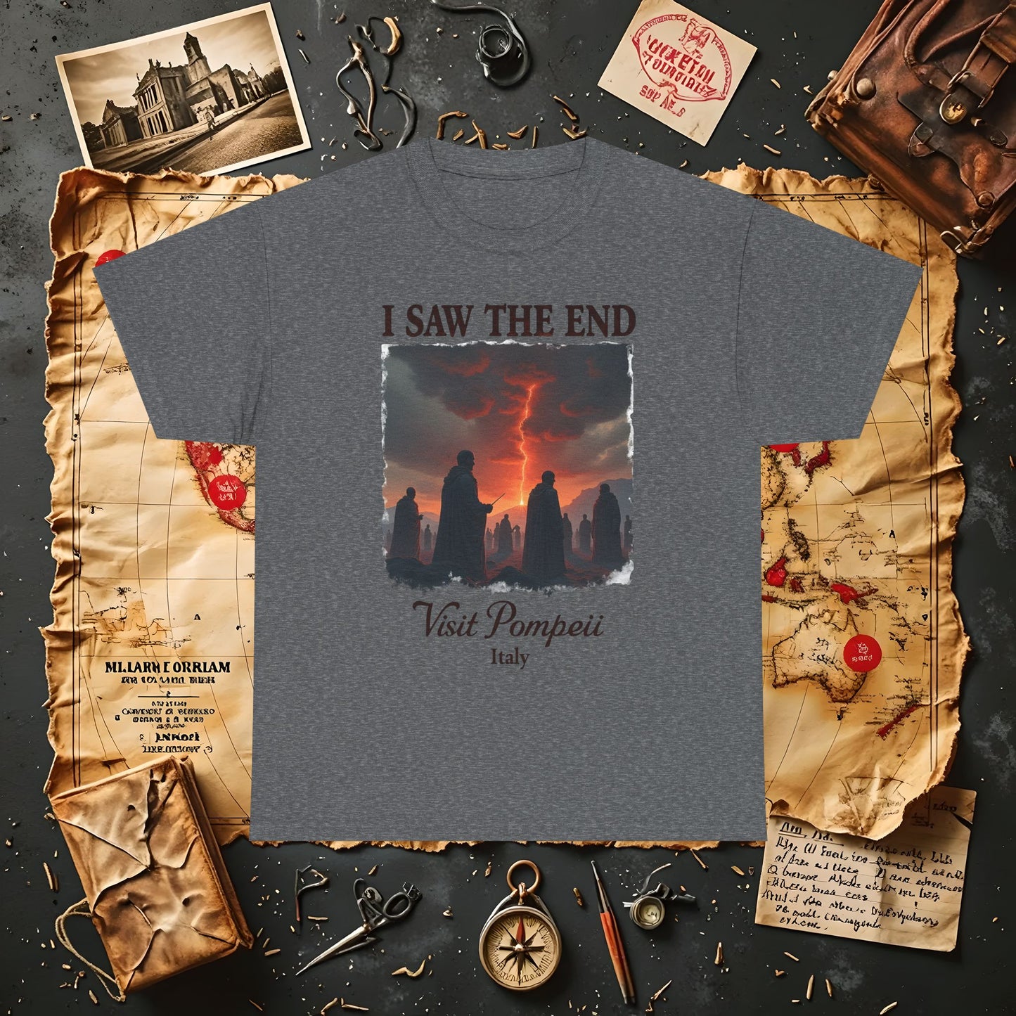 Pompeii Memories T-Shirt – Dark Tourism Shirt with Volcano Eruption Silhouette Art