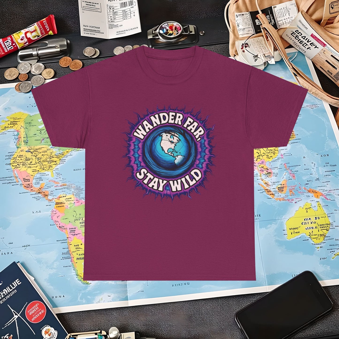 Wander Far, Stay Wild T-Shirt – Globe Burst Adventure Design Air Travel T-Shirts | Jetsetter, Airport, and International Flight Tees