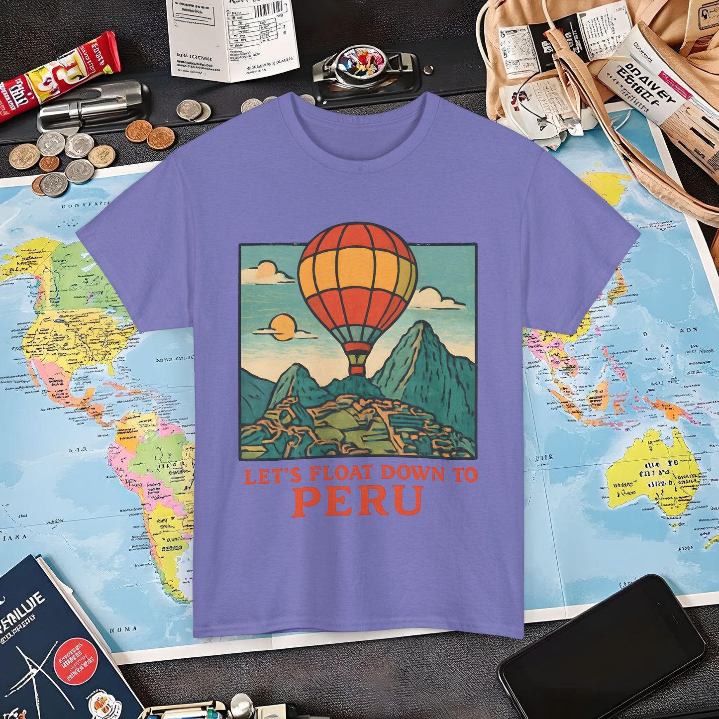 Let’s Float Down to Peru T-Shirt – Vintage Hot-Air Balloon Over Machu Picchu Design Air Travel T-Shirts | Jetsetter, Airport, and International Flight Tees