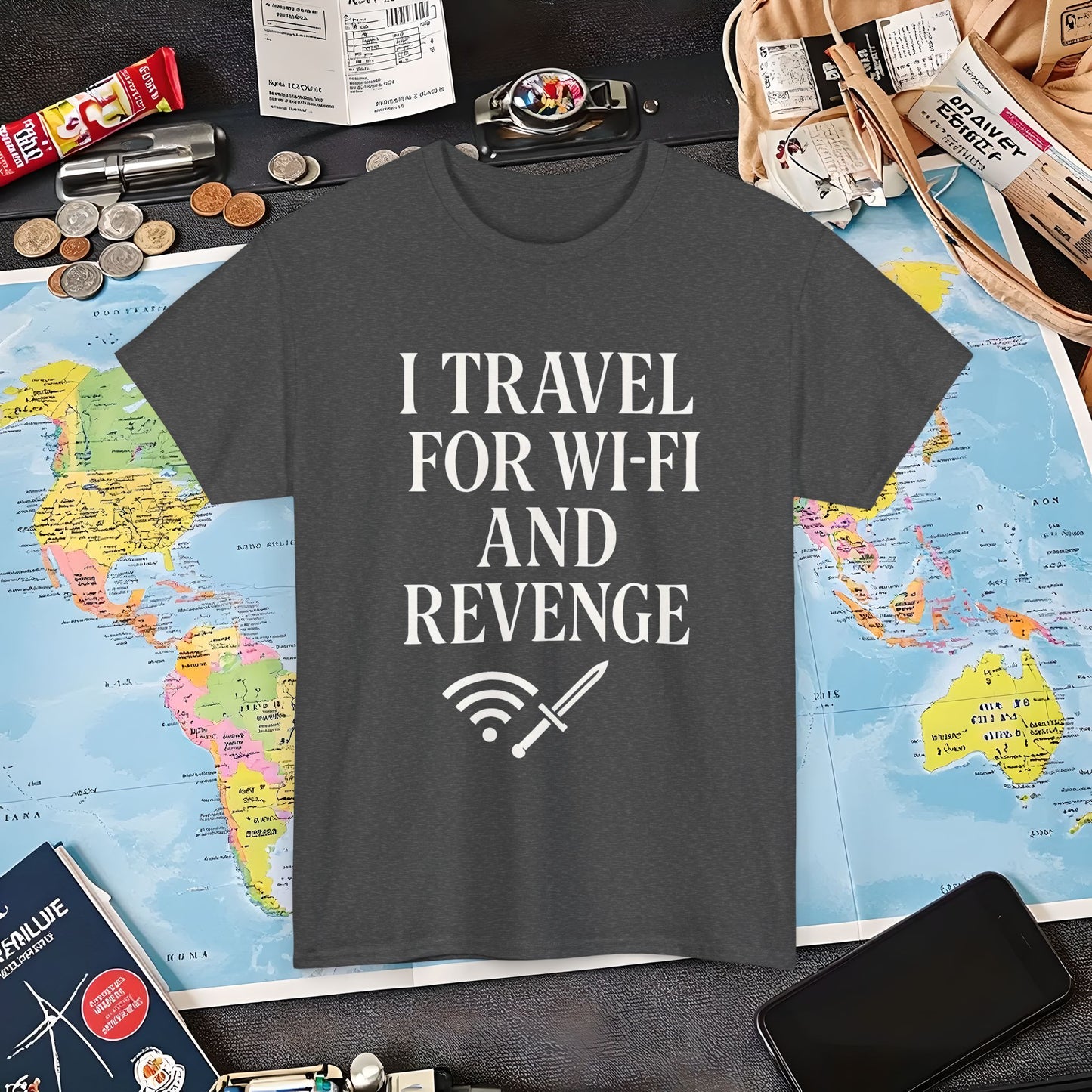 I Travel for WiFi and Revenge – Bold Quote Tee with Dagger Icon Air Travel T-Shirts | Jetsetter, Airport, and International Flight Tees