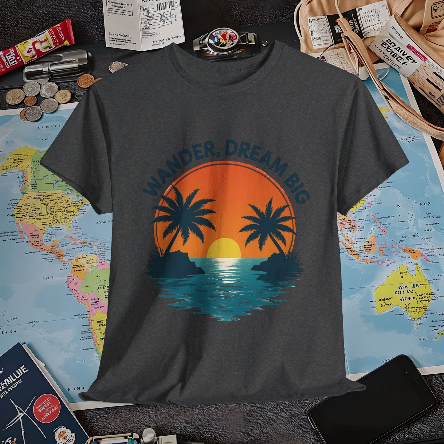 Wander Dream Big T-Shirt – Tropical Sunset with Palm Silhouettes Design Air Travel T-Shirts | Jetsetter, Airport, and International Flight Tees