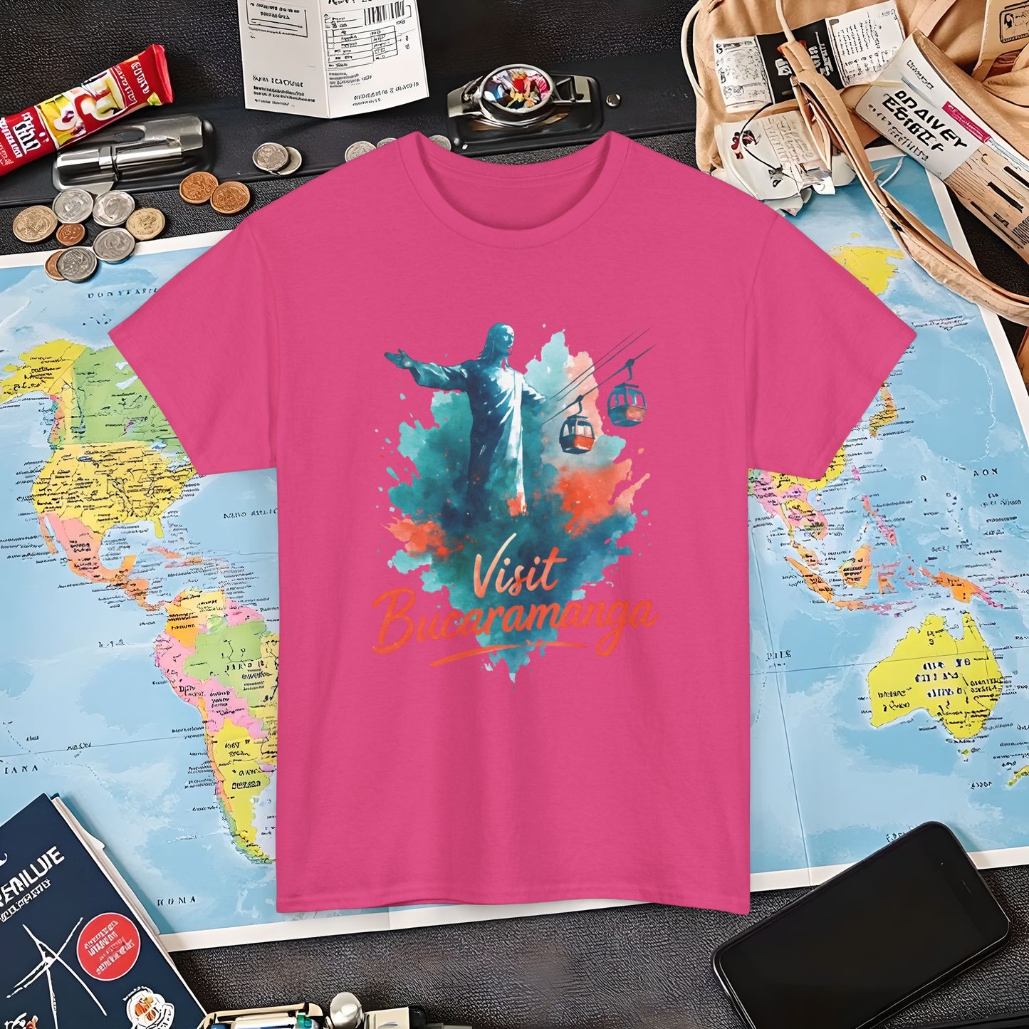 Cerro del Santísimo & Cable Car – Vibrant Watercolor Colombia Travel Tee | Layover Club Air Travel T-Shirts | Jetsetter, Airport, and International Flight Tees