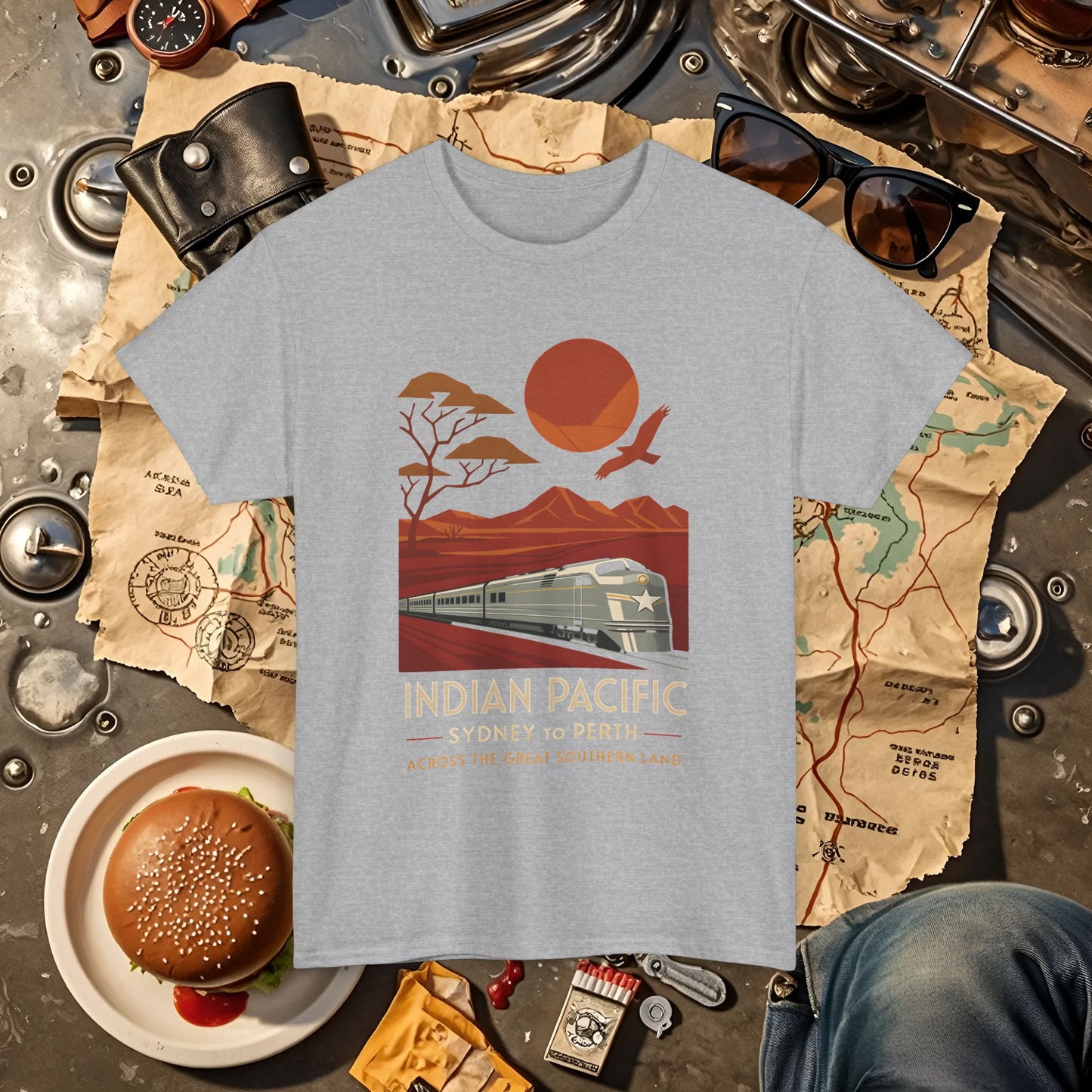 Australian Indian Pacific – Art Deco Desert Crossing Train Tee Road Trip & Vehicle Travel T-Shirts | Car, RV, and Motorcycle Adventure Tees