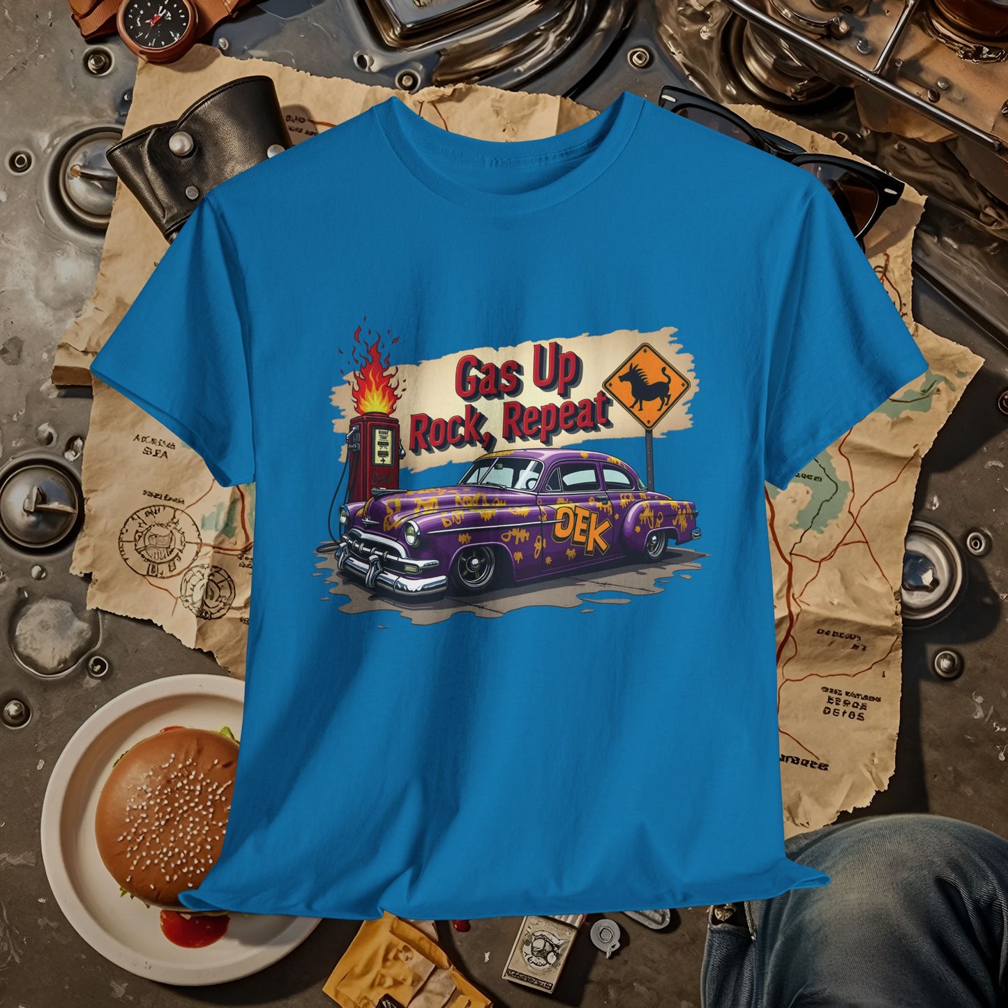 Gas Up, Rock and Repeat Road Trip & Vehicle Travel T-Shirts | Car, RV, and Motorcycle Adventure Tees