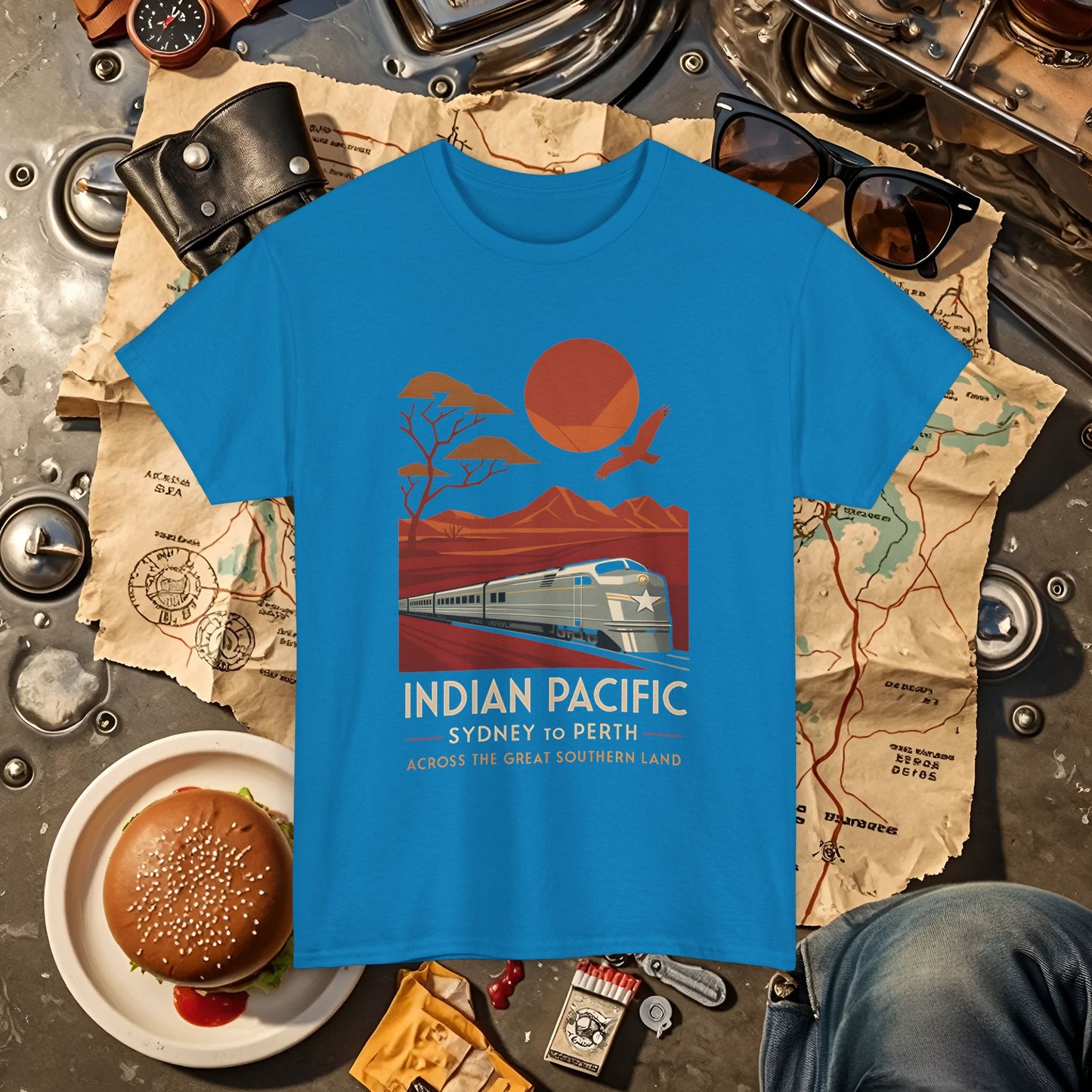 Australian Indian Pacific – Art Deco Desert Crossing Train Tee Road Trip & Vehicle Travel T-Shirts | Car, RV, and Motorcycle Adventure Tees