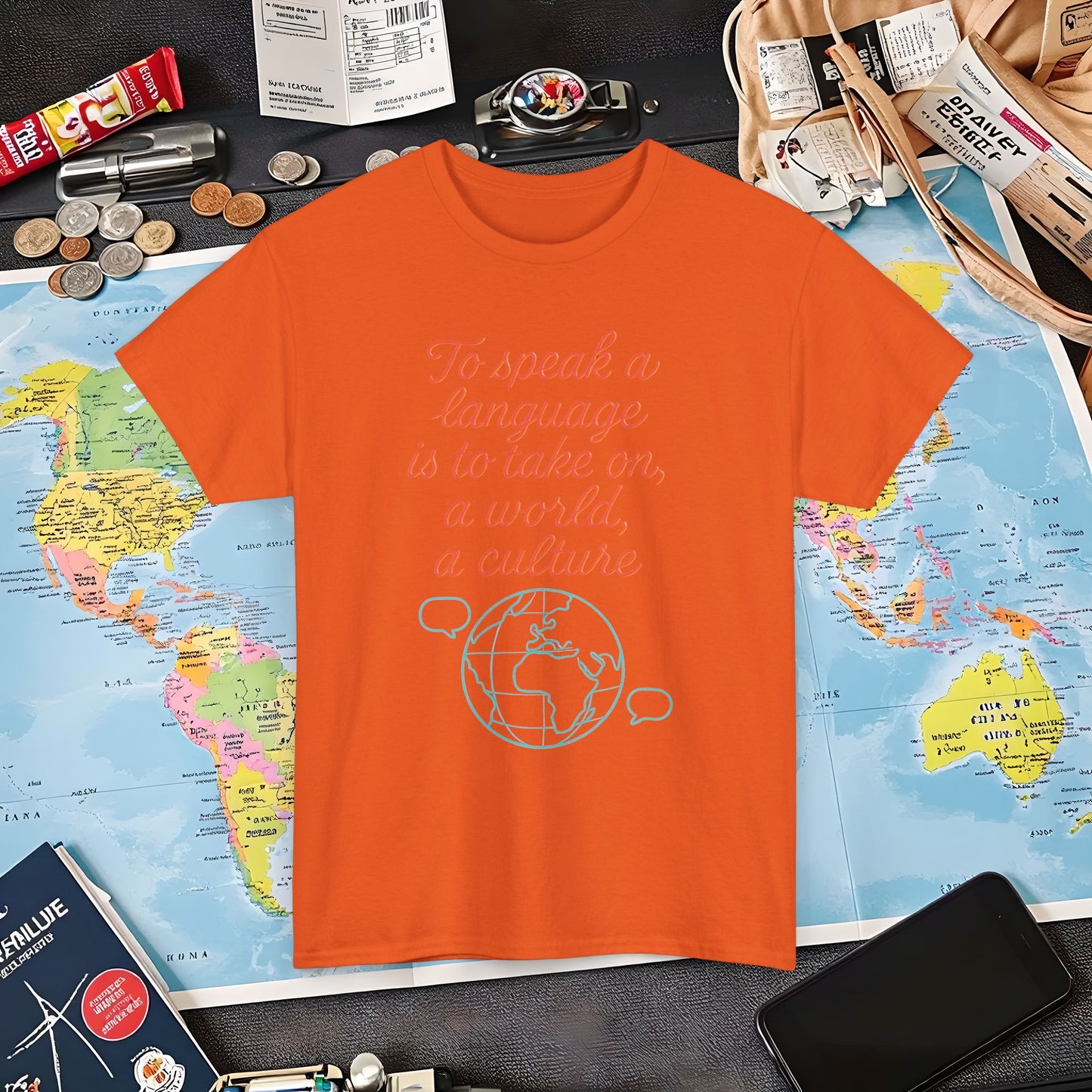 To Speak a Language Is to Take on a World – Cultural Connection Tee with Globe & Speech Bubbles | Layover Club Air Travel T-Shirts | Jetsetter, Airport, and International Flight Tees