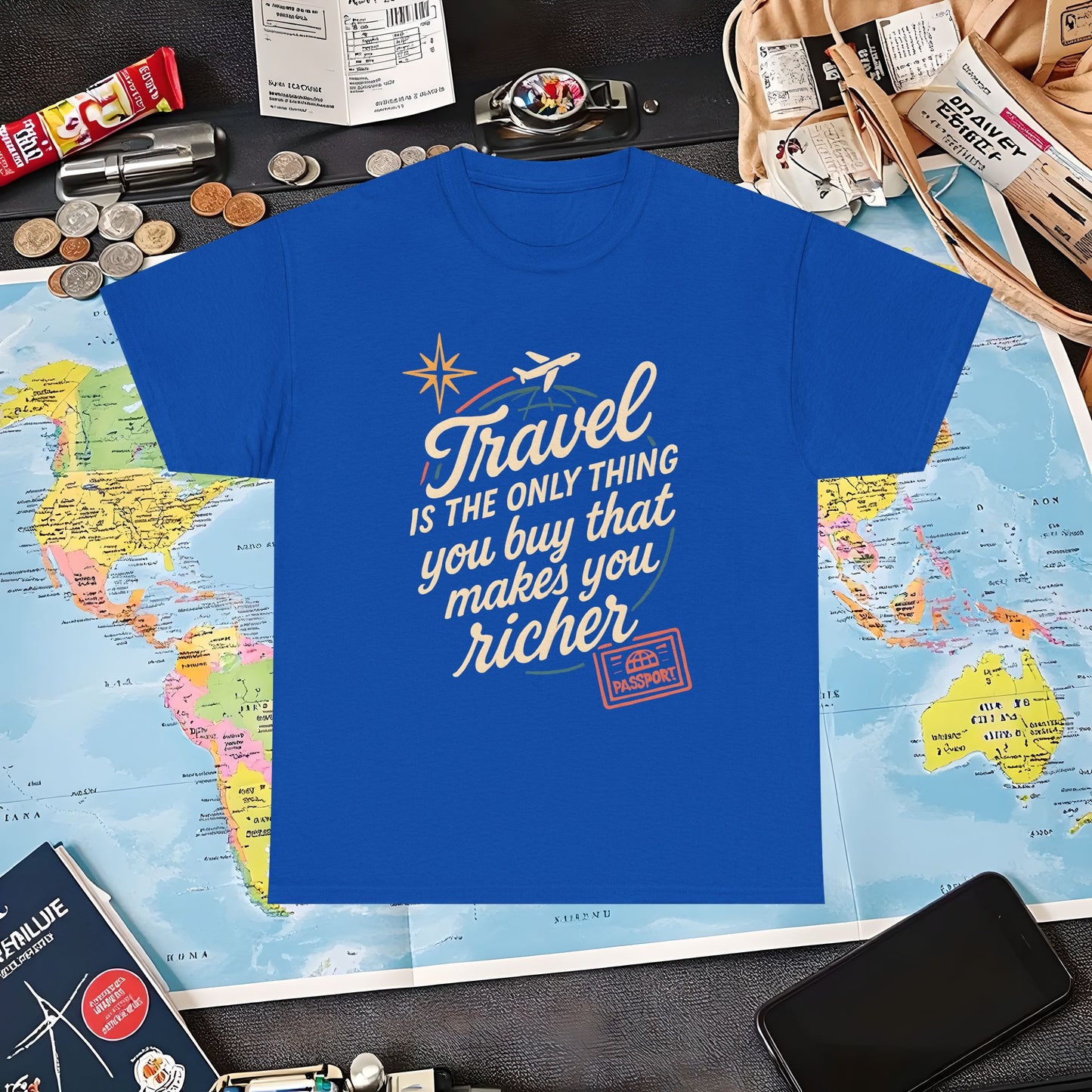 Travel Makes You Richer Tee – Vintage Globe & Airplane Quote Shirt Air Travel T-Shirts | Jetsetter, Airport, and International Flight Tees