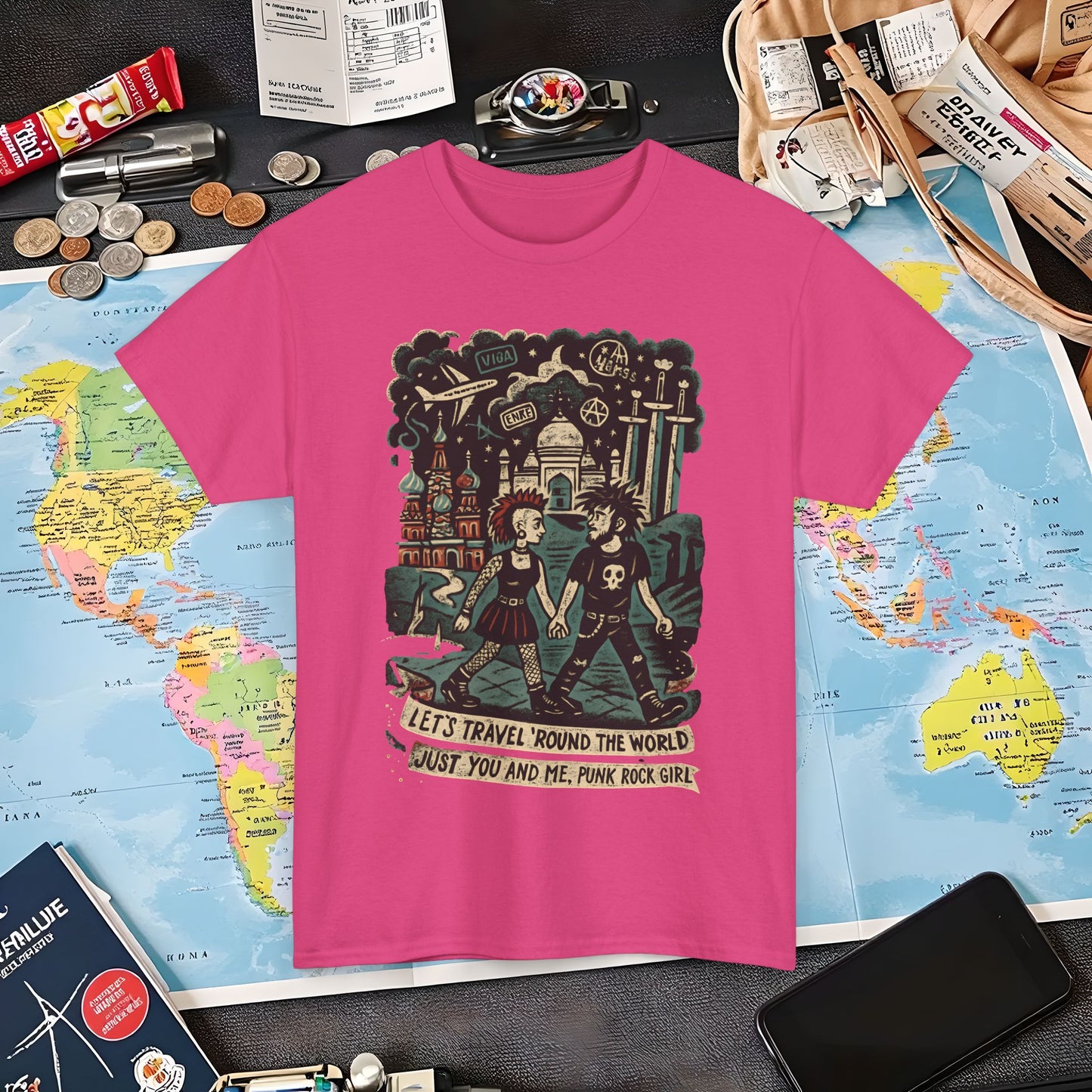 Let’s Travel 'Round the World, Just You and Me – Punk Rock Girl Global Adventure Tee Air Travel T-Shirts | Jetsetter, Airport, and International Flight Tees