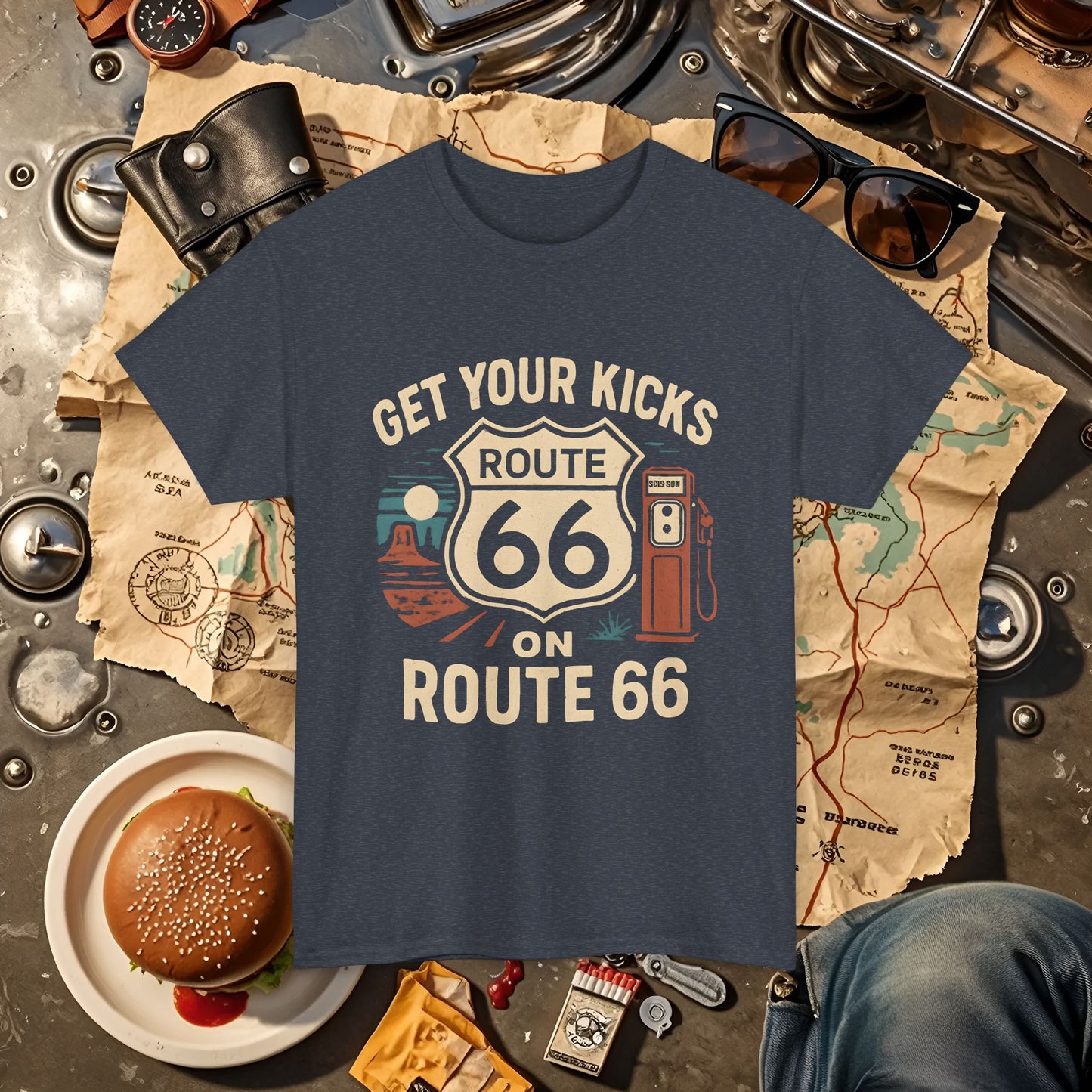 Get Your Kicks on Route 66 T-Shirt – Vintage Desert Scene with Classic Gas Pump & Roadside Vibes Road Trip & Vehicle Travel T-Shirts | Car, RV, and Motorcycle Adventure Tees