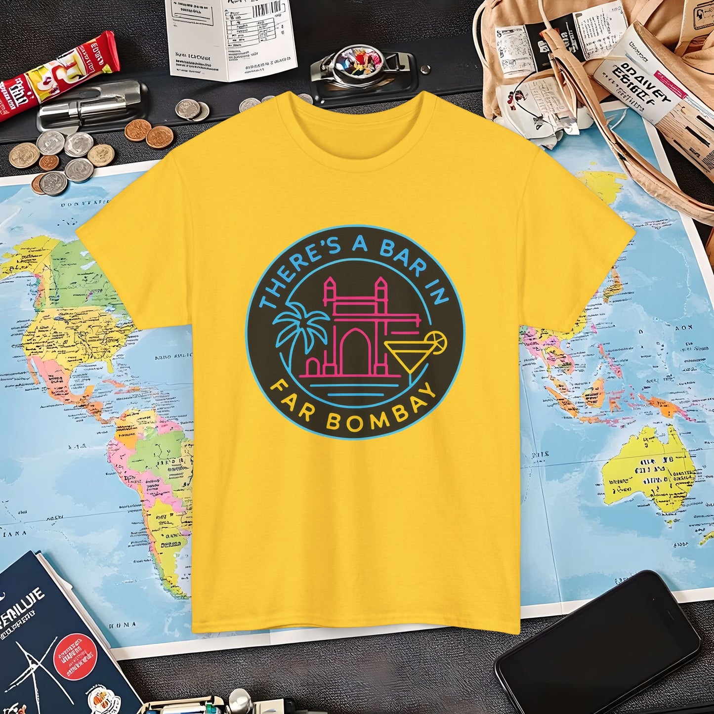 There’s a Bar in Far Bombay T-Shirt – Neon Gateway Bar Badge with Exotic Vibes Air Travel T-Shirts | Jetsetter, Airport, and International Flight Tees