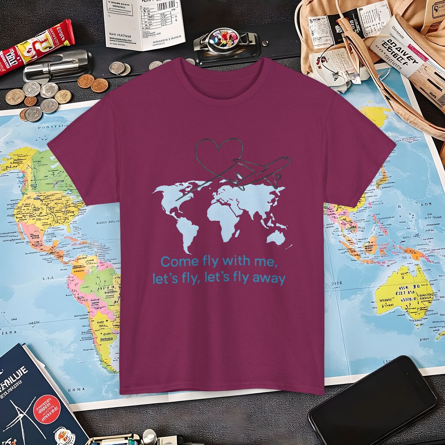 Come Fly With Me T-Shirt – Heart-Loop Airplane Over World Map Design Air Travel T-Shirts | Jetsetter, Airport, and International Flight Tees