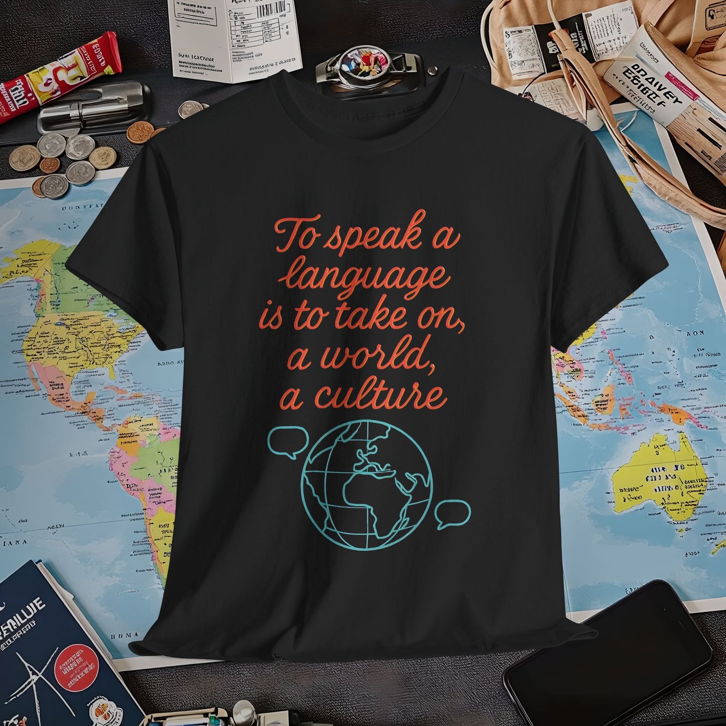 To Speak a Language Is to Take on a World – Cultural Connection Tee with Globe & Speech Bubbles | Layover Club Air Travel T-Shirts | Jetsetter, Airport, and International Flight Tees