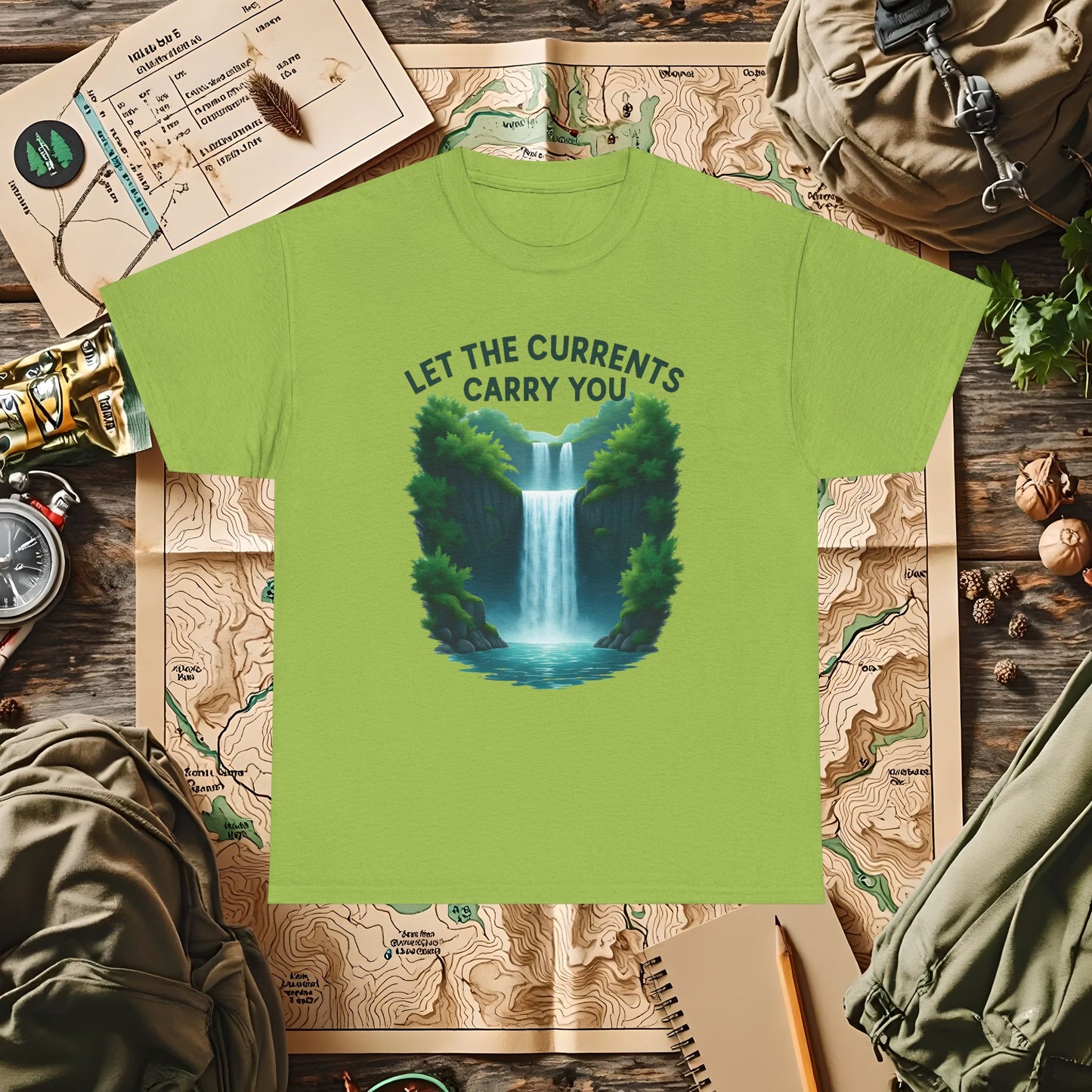 Let the Currents Carry You T-Shirt – Waterfall Escape Design Camping, Hiking, Rafting & Kayaking Tees for Nature Lovers