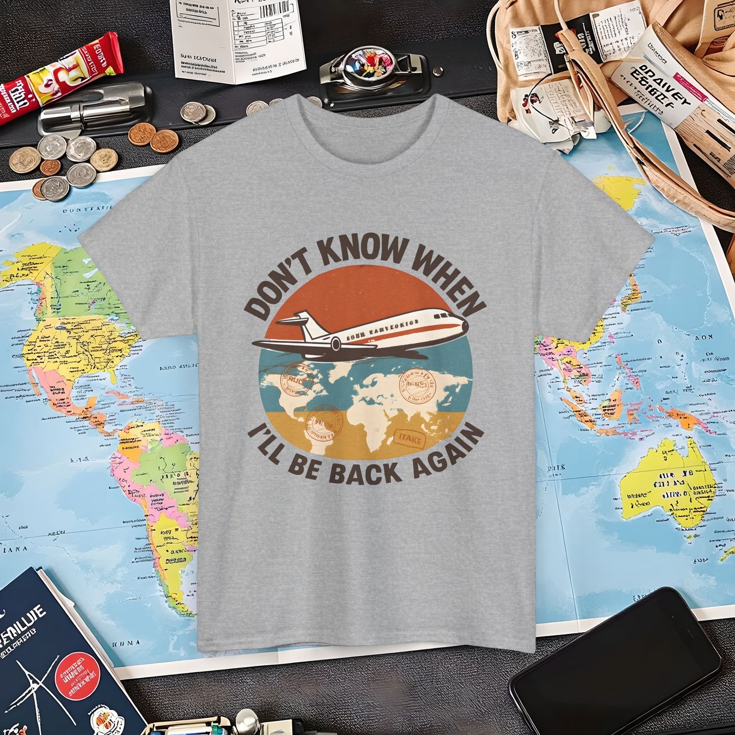 Don’t Know When I’ll Be Back Again T-Shirt – Retro ’70s Jet & Vintage Map Travel Design Air Travel T-Shirts | Jetsetter, Airport, and International Flight Tees
