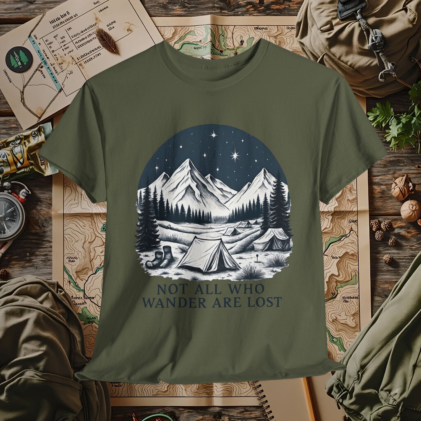 Not All Who Wander Are Lost T-Shirt – Mountain Camping Under Starry Night Camping, Hiking, Rafting & Kayaking Tees for Nature Lovers