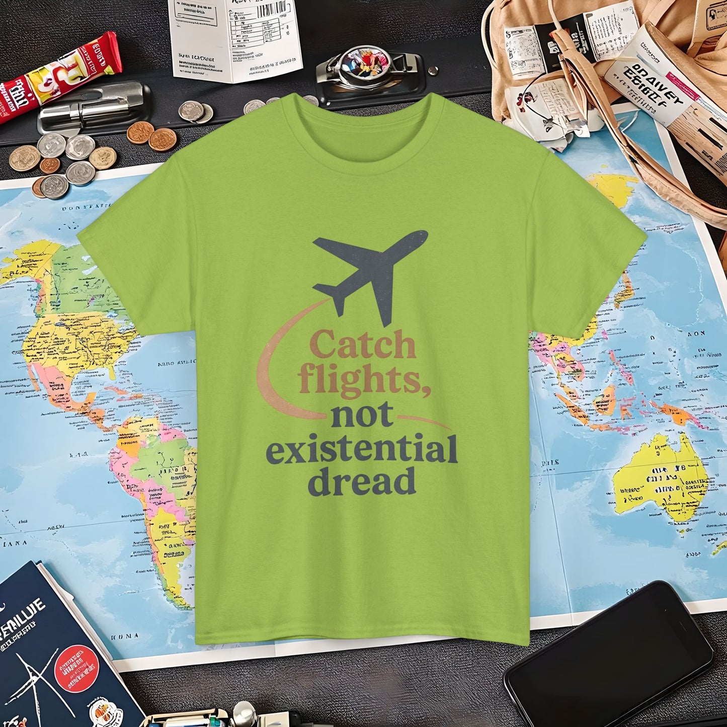 Catch Flights Not Existential Dread Tee – Minimalist Airplane Silhouette Quote Shirt Air Travel T-Shirts | Jetsetter, Airport, and International Flight Tees