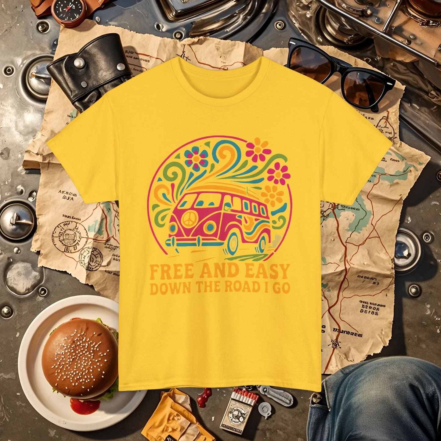 Free and Easy T-Shirt – Retro Hippie Van with Floral Freedom Vibes