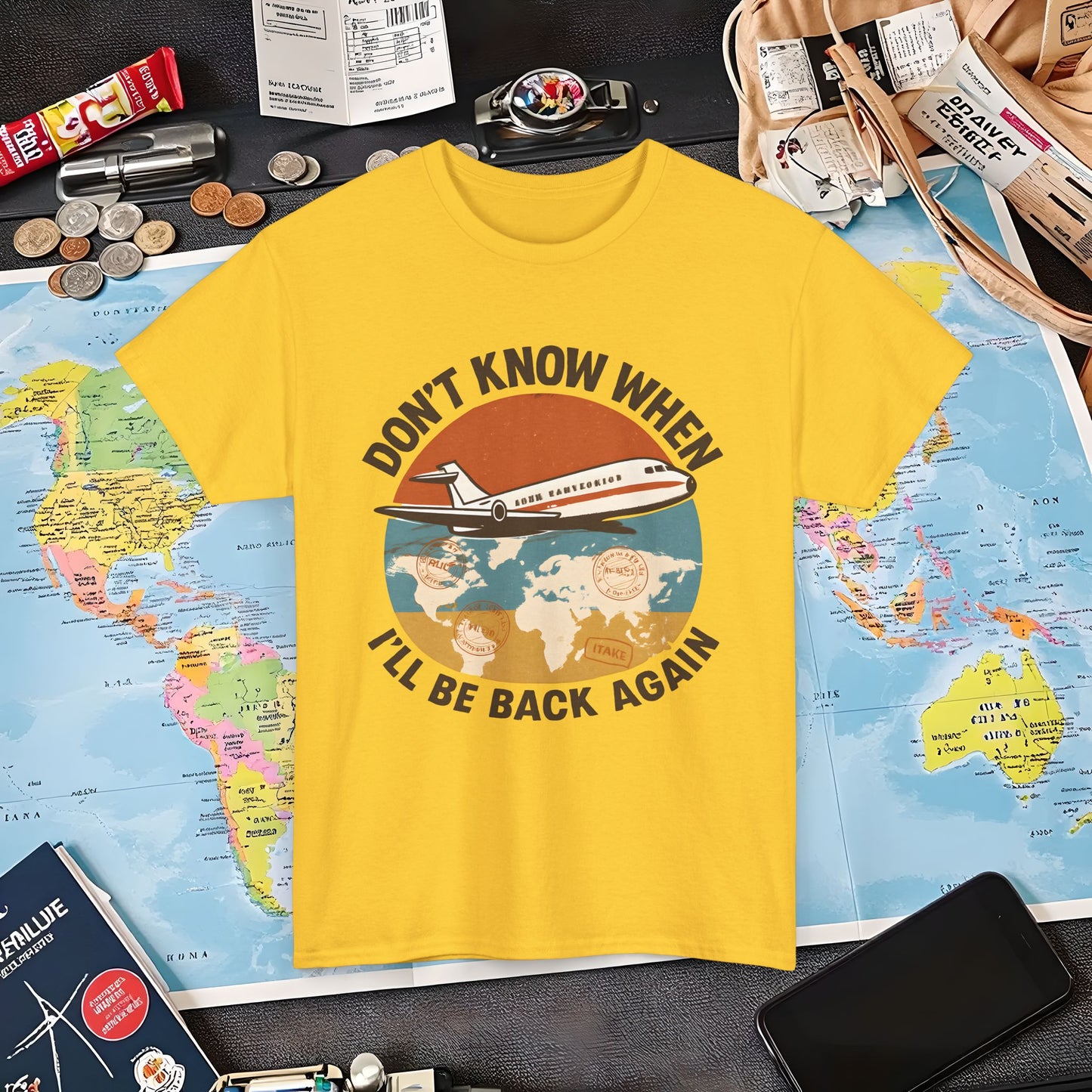 Don’t Know When I’ll Be Back Again T-Shirt – Retro ’70s Jet & Vintage Map Travel Design Air Travel T-Shirts | Jetsetter, Airport, and International Flight Tees