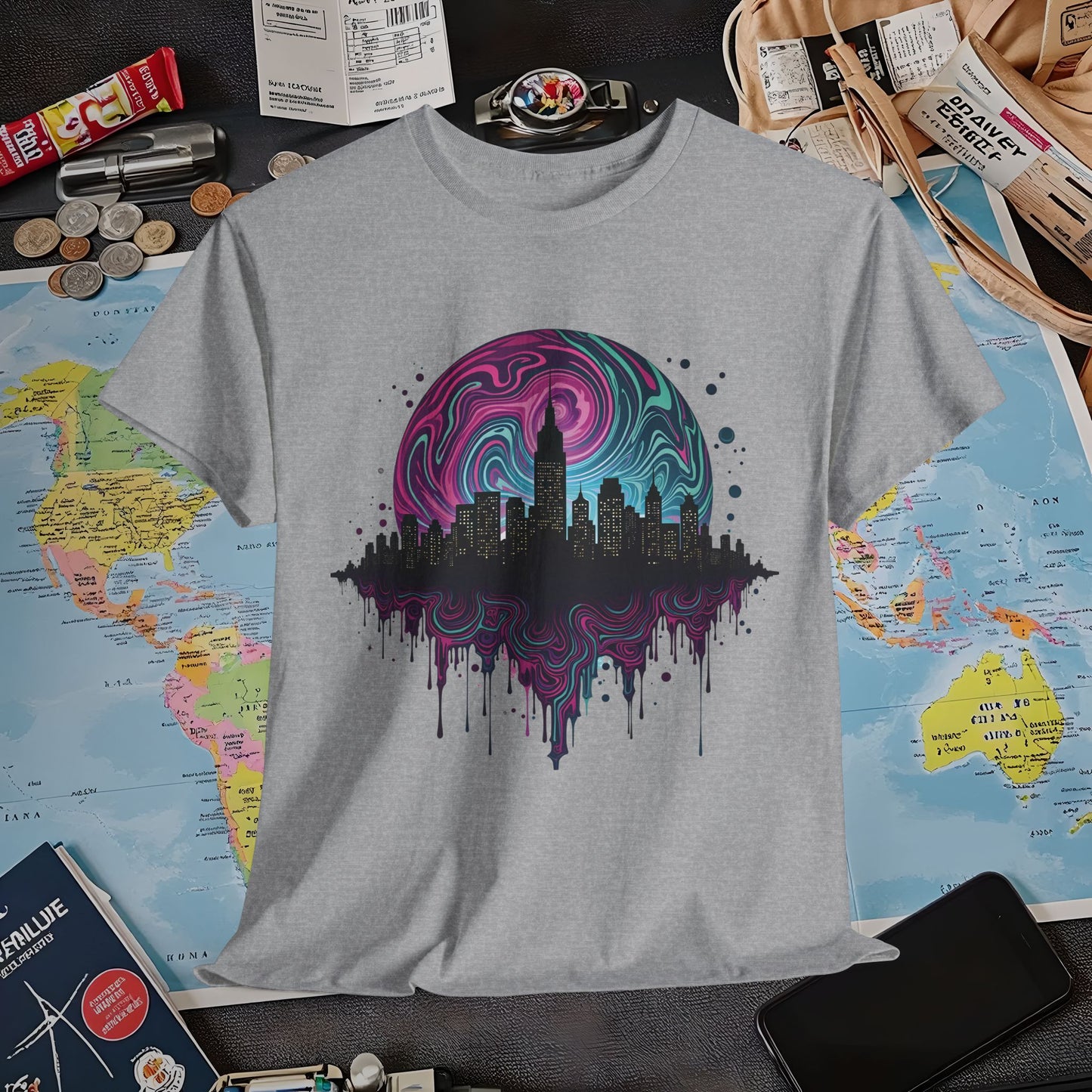 Psychedelic Skyline Air Travel T-Shirts | Jetsetter, Airport, and International Flight Tees