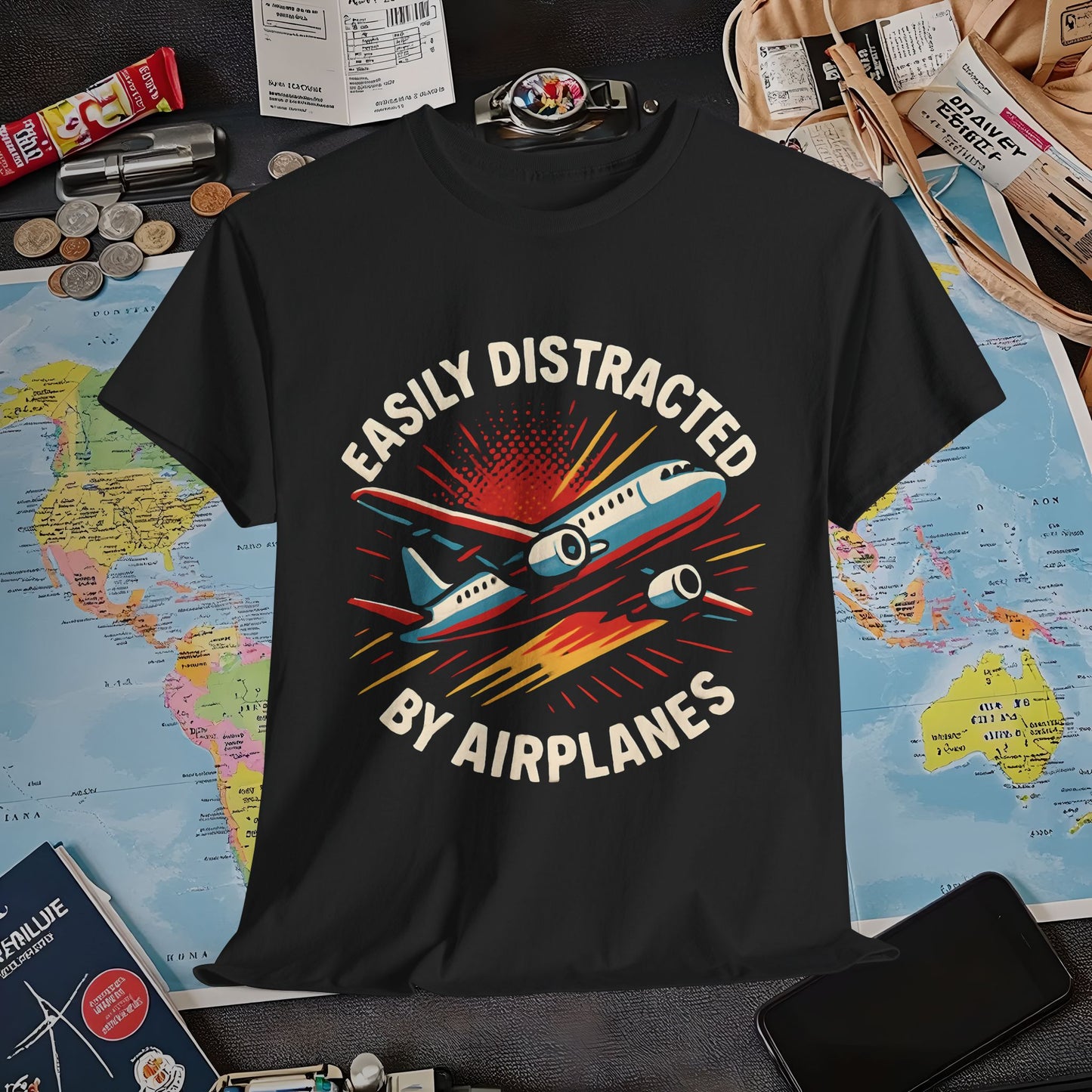 Easily Distracted by Airplanes T-Shirt – Aviation Lover Quote Design Air Travel T-Shirts | Jetsetter, Airport, and International Flight Tees