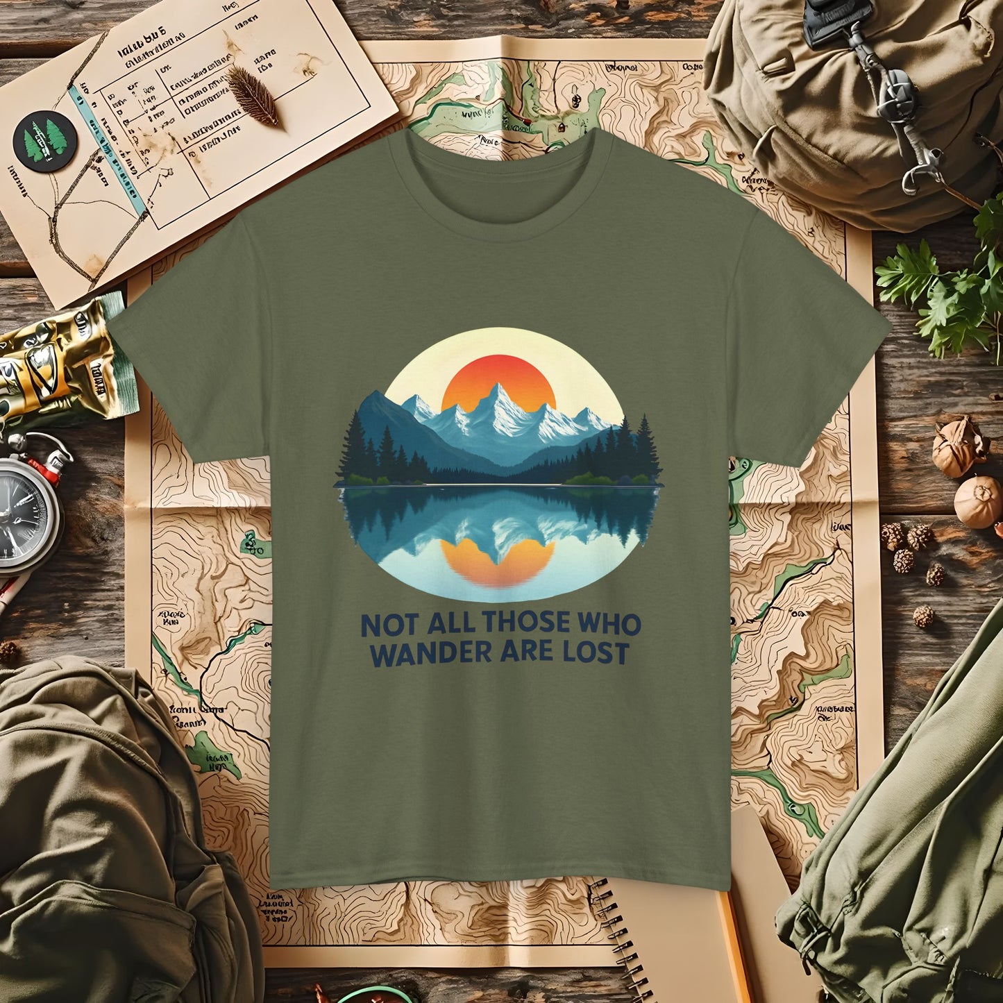Not All Who Wander Are Lost T-Shirt – Sunset Over Mountain Lake and Forest Reflection Camping, Hiking, Rafting & Kayaking Tees for Nature Lovers