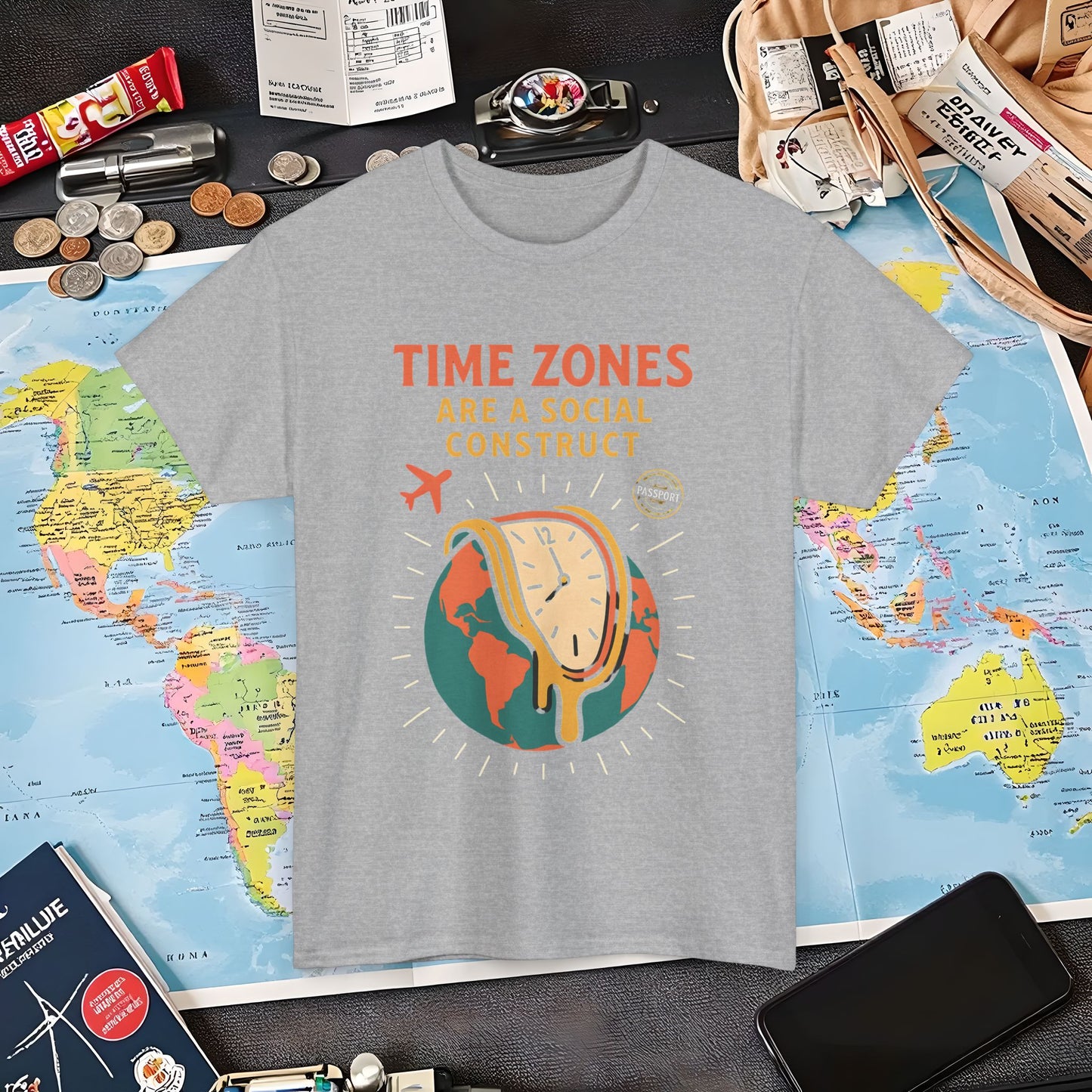 Time Zones Are a Social Construct Tee – Melting Clock Over World Map Travel Shirt Air Travel T-Shirts | Jetsetter, Airport, and International Flight Tees