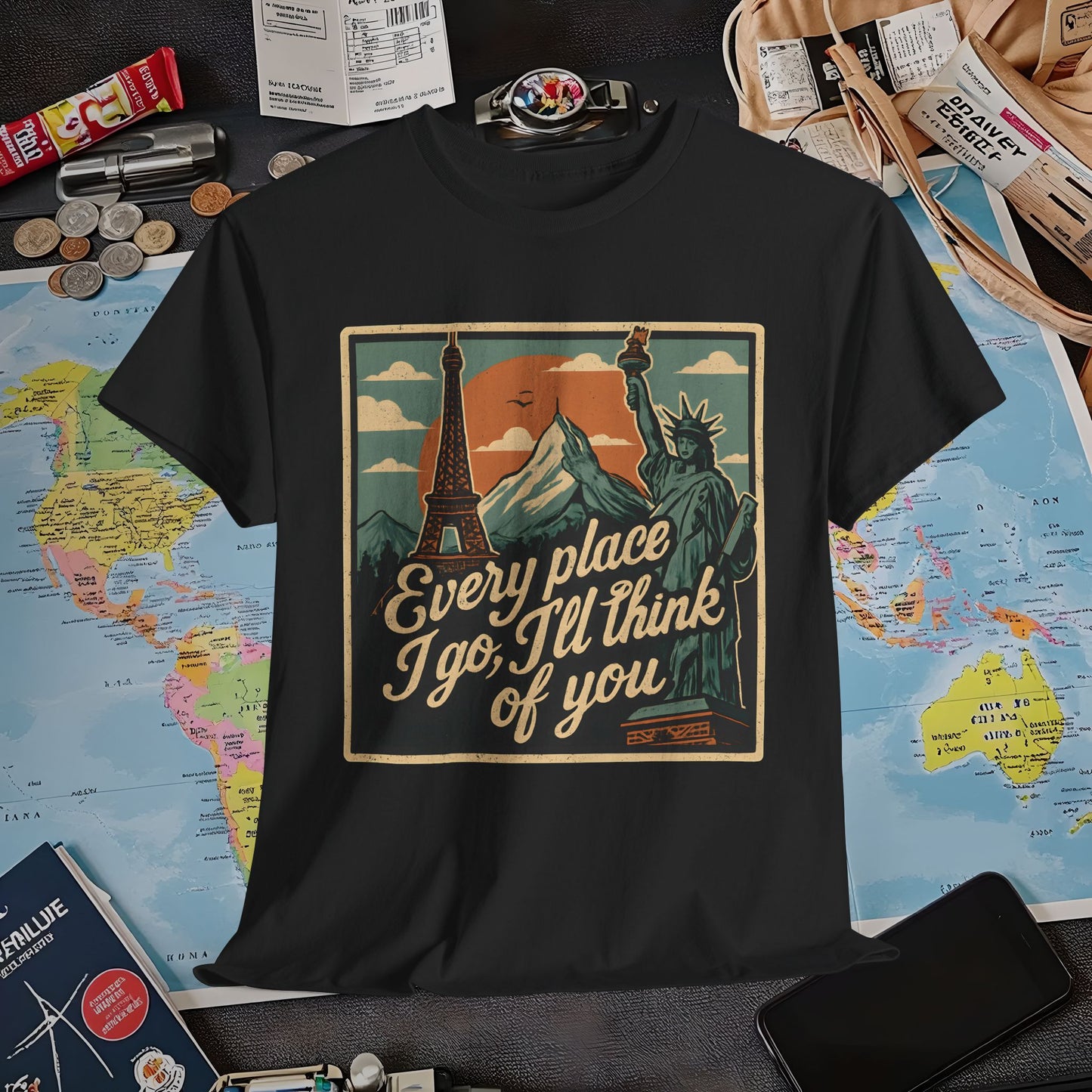 Every Place I Go, I’ll Think of You T-Shirt – Vintage Postcard Travel Collage with Iconic Landmarks Air Travel T-Shirts | Jetsetter, Airport, and International Flight Tees