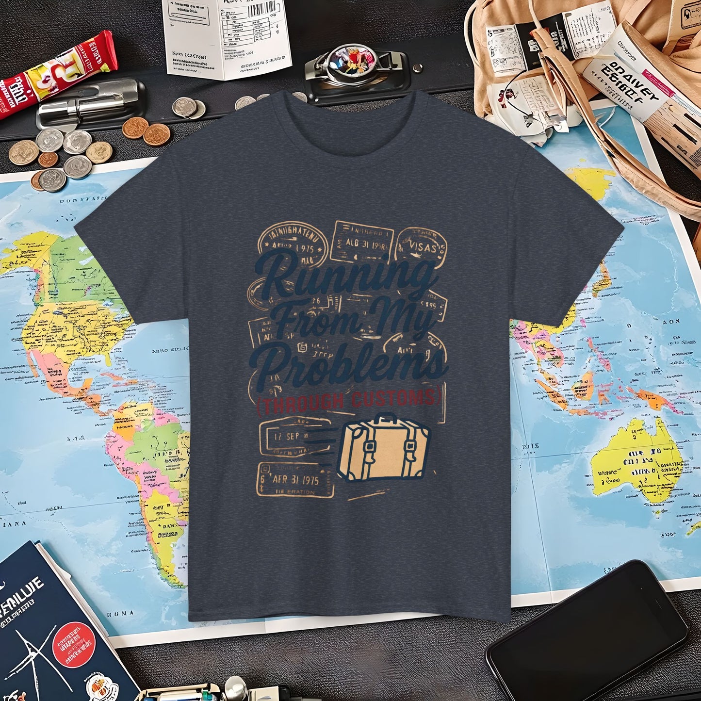 Running From My Problems Through Customs – Vintage Travel Quote Tee with Passport Stamps Air Travel T-Shirts | Jetsetter, Airport, and International Flight Tees