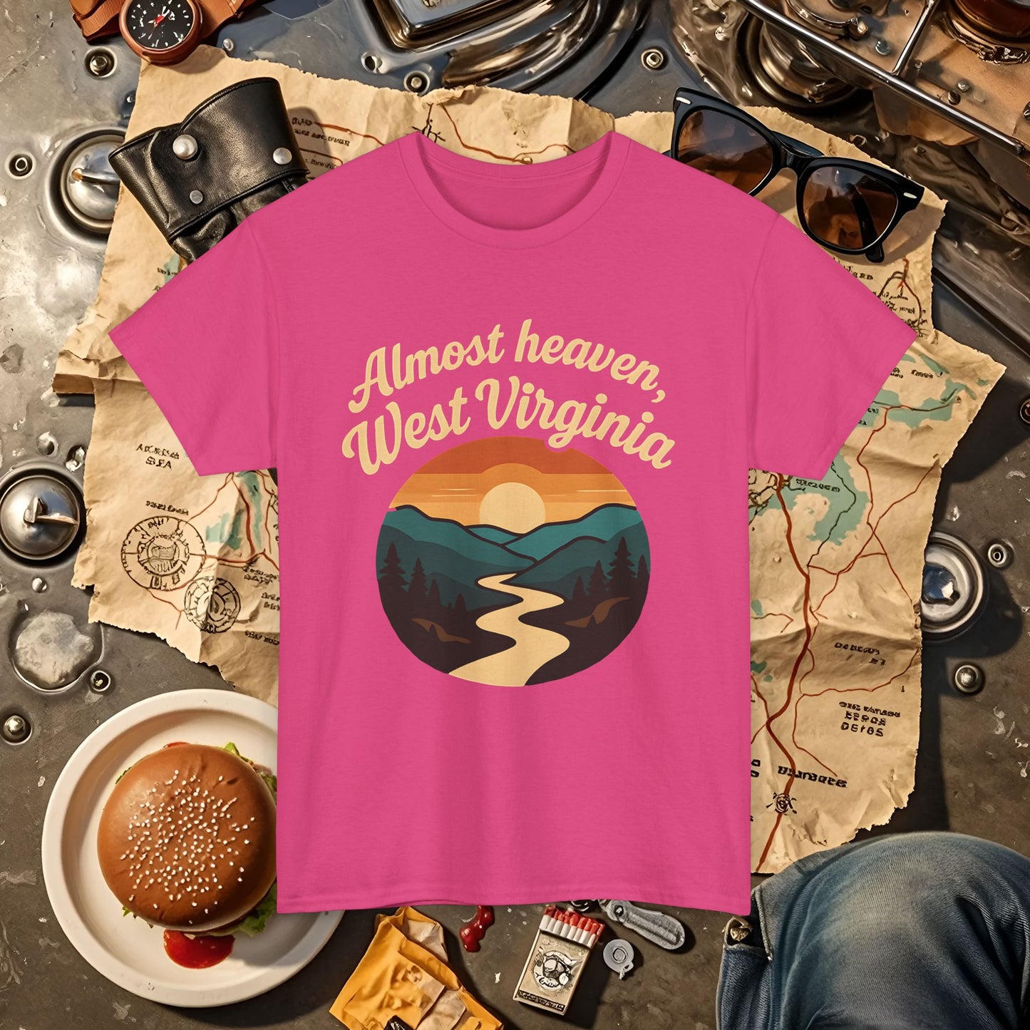 Almost Heaven, West Virginia T-Shirt – Vintage Appalachian Sunset with Winding River Road Trip & Vehicle Travel T-Shirts | Car, RV, and Motorcycle Adventure Tees