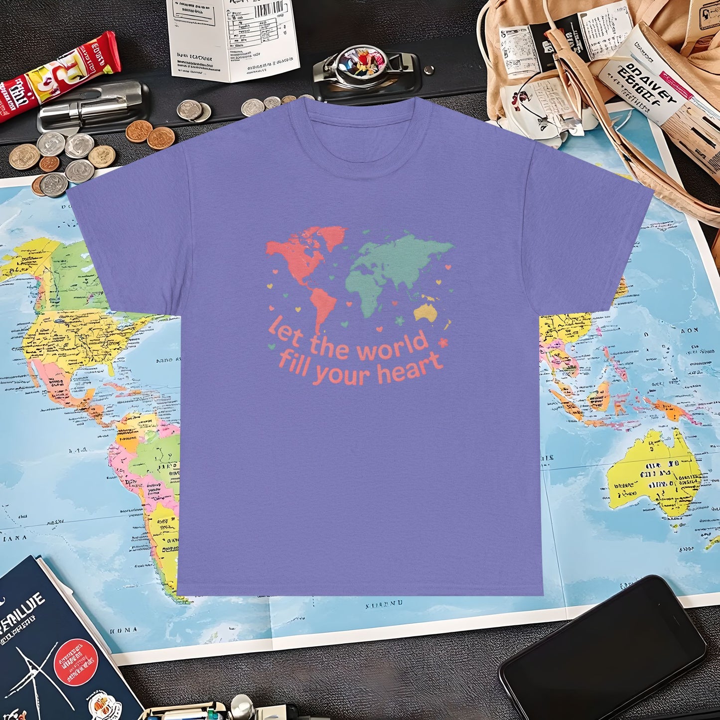 Let the World Fill Your Heart T-Shirt – World Map Adventure Design Air Travel T-Shirts | Jetsetter, Airport, and International Flight Tees
