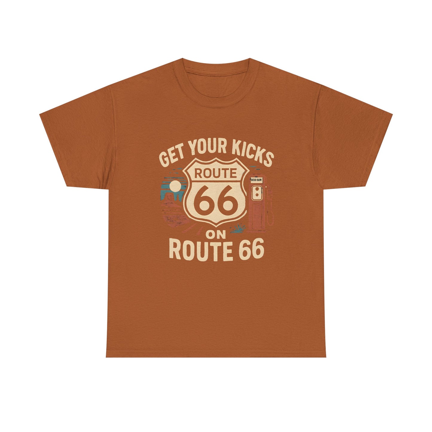 Get Your Kicks on Route 66 T-Shirt – Vintage Desert Scene with Classic Gas Pump & Roadside Vibes Road Trip & Vehicle Travel T-Shirts | Car, RV, and Motorcycle Adventure Tees