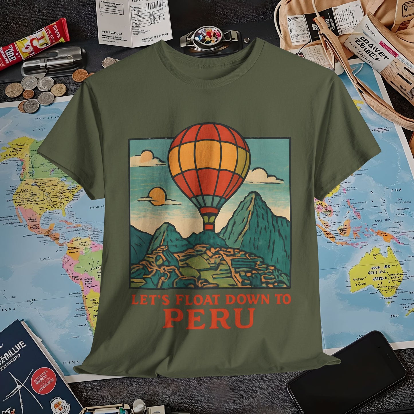 Let’s Float Down to Peru T-Shirt – Vintage Hot-Air Balloon Over Machu Picchu Design Air Travel T-Shirts | Jetsetter, Airport, and International Flight Tees