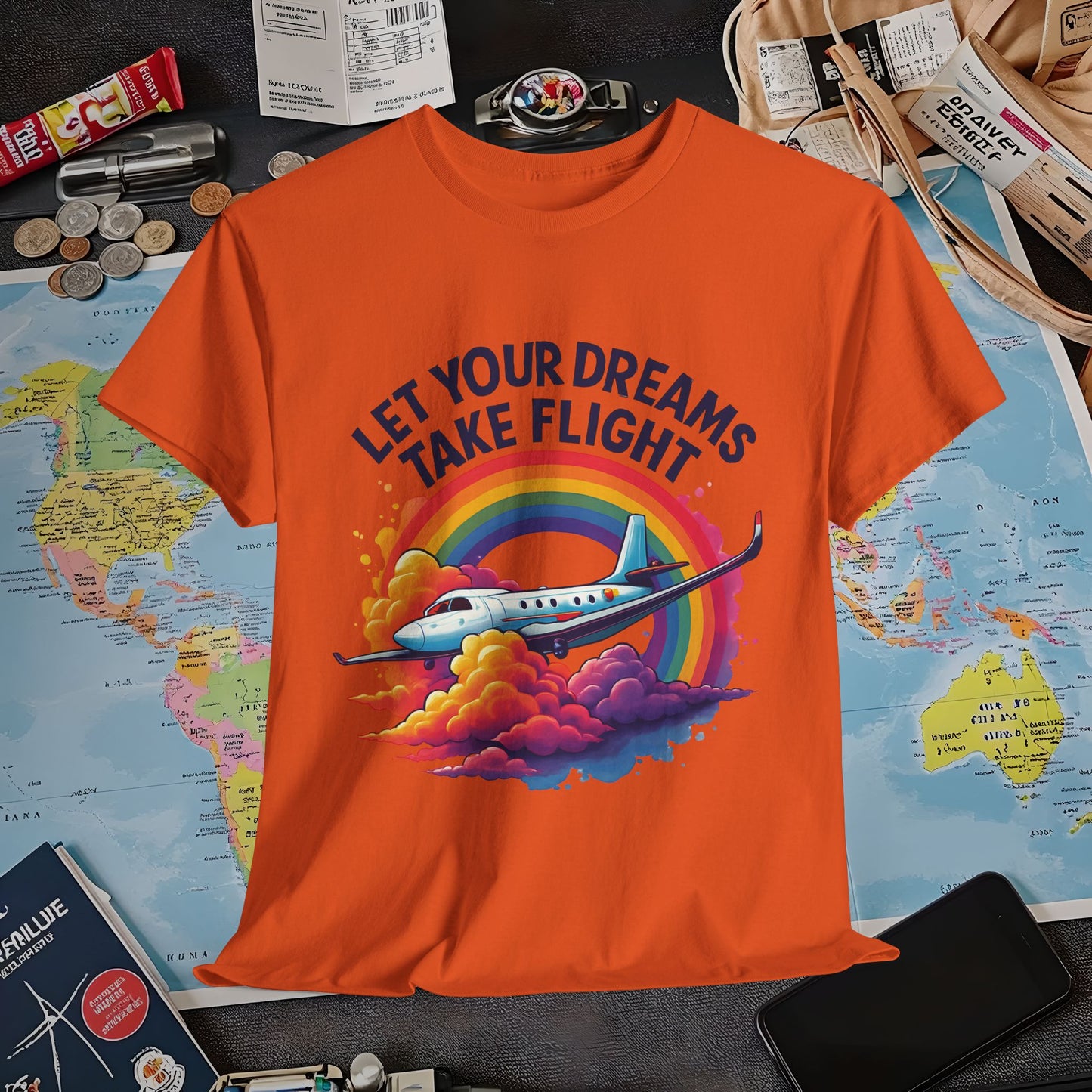 Let Your Dreams Take Flight T-Shirt – Airplane with Rainbow Trail Design Air Travel T-Shirts | Jetsetter, Airport, and International Flight Tees
