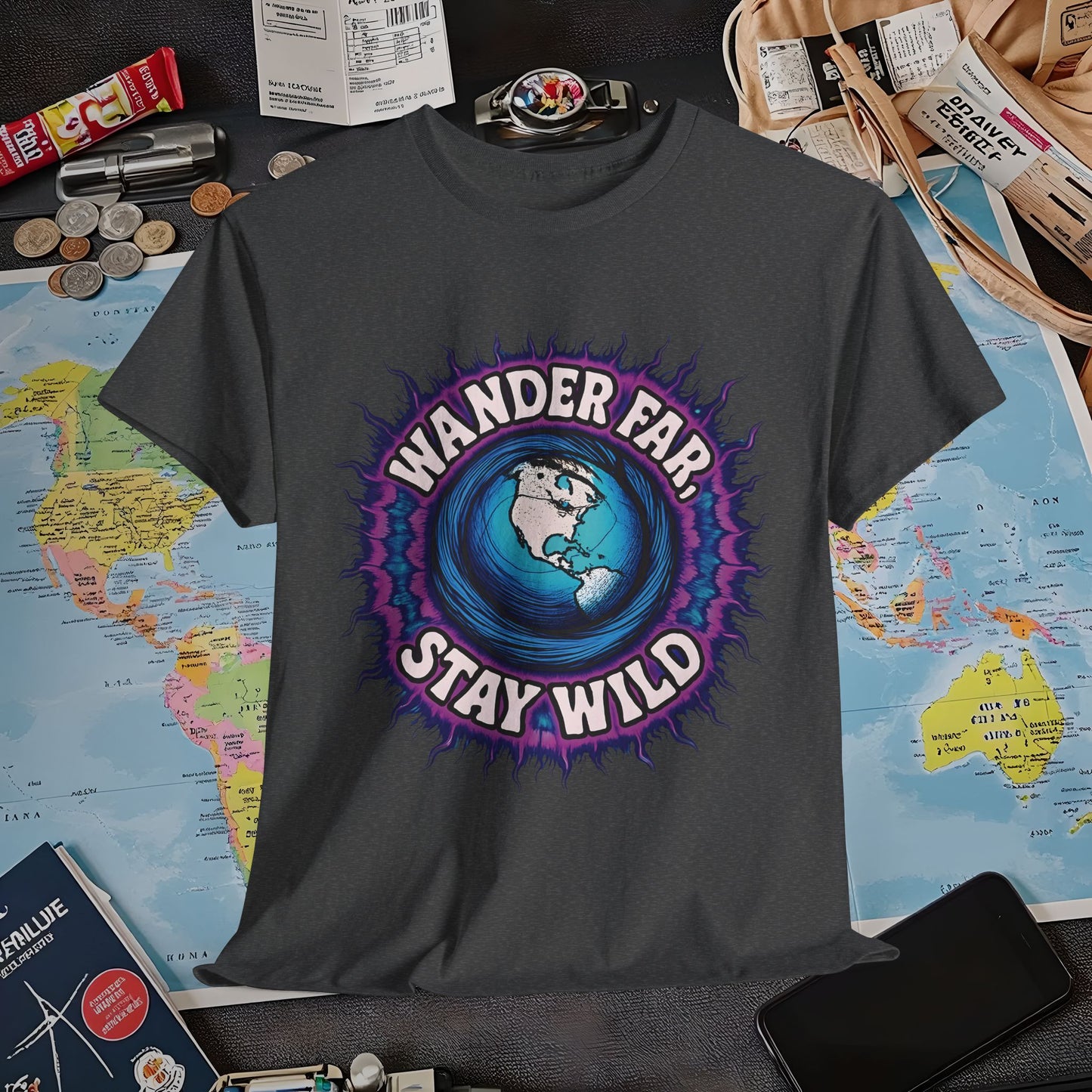 Wander Far, Stay Wild T-Shirt – Globe Burst Adventure Design Air Travel T-Shirts | Jetsetter, Airport, and International Flight Tees