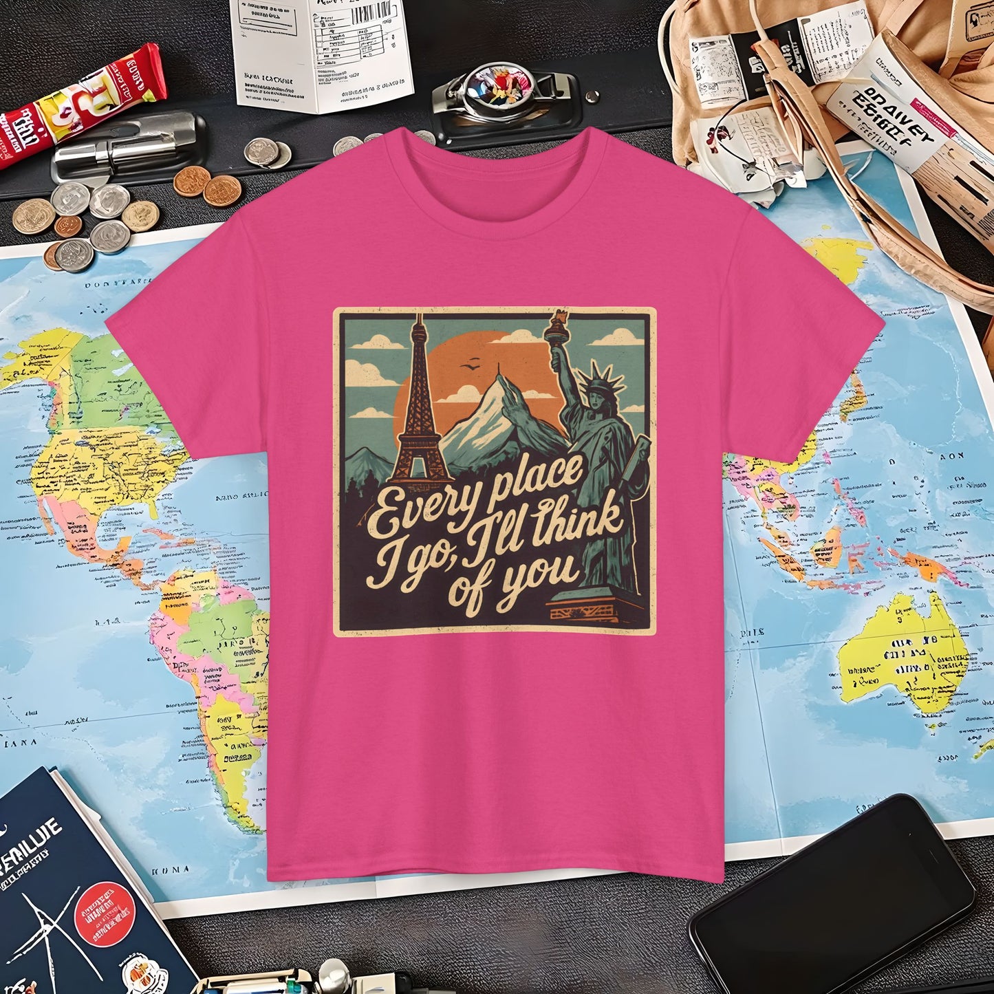 Every Place I Go, I’ll Think of You T-Shirt – Vintage Postcard Travel Collage with Iconic Landmarks Air Travel T-Shirts | Jetsetter, Airport, and International Flight Tees