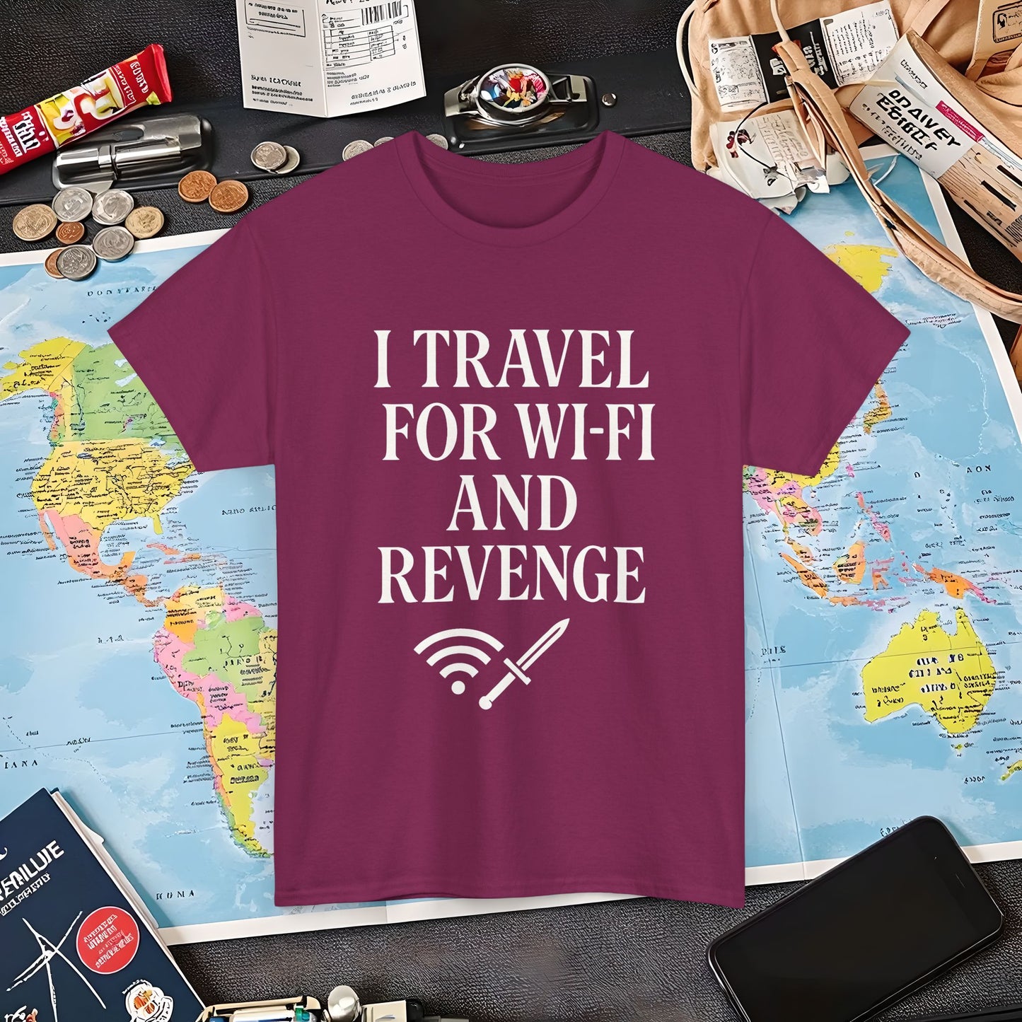 I Travel for WiFi and Revenge – Bold Quote Tee with Dagger Icon Air Travel T-Shirts | Jetsetter, Airport, and International Flight Tees