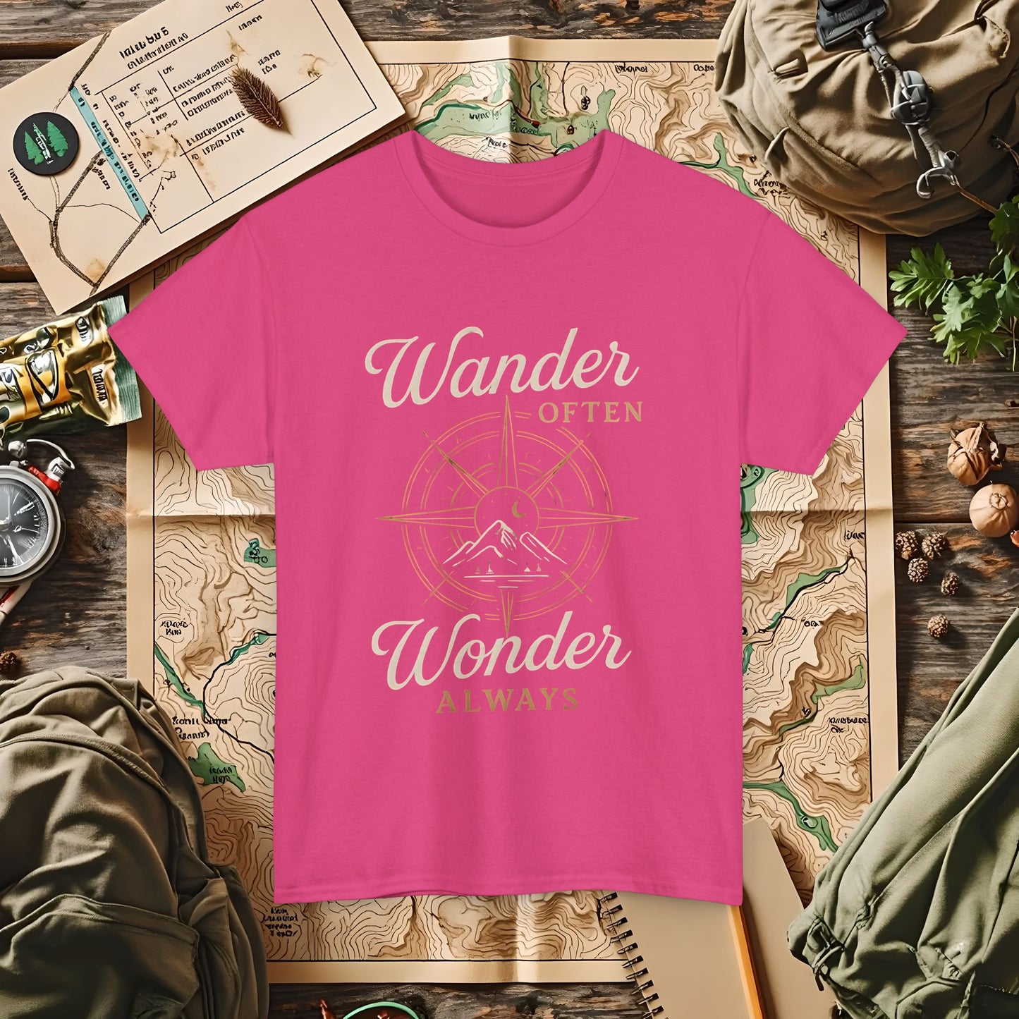 Wander Often, Wonder Always – Compass Quote Travel Tee | Camping, Hiking, Rafting & Kayaking Tees for Nature Lovers