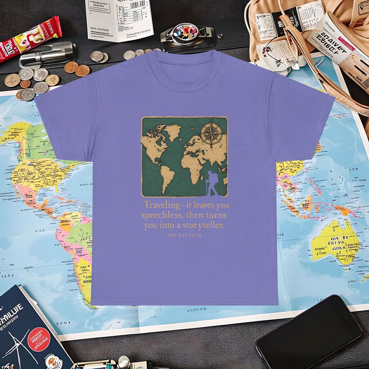 Speechless to Storyteller – Vintage Map Wanderlust Quote Tee Air Travel T-Shirts | Jetsetter, Airport, and International Flight Tees