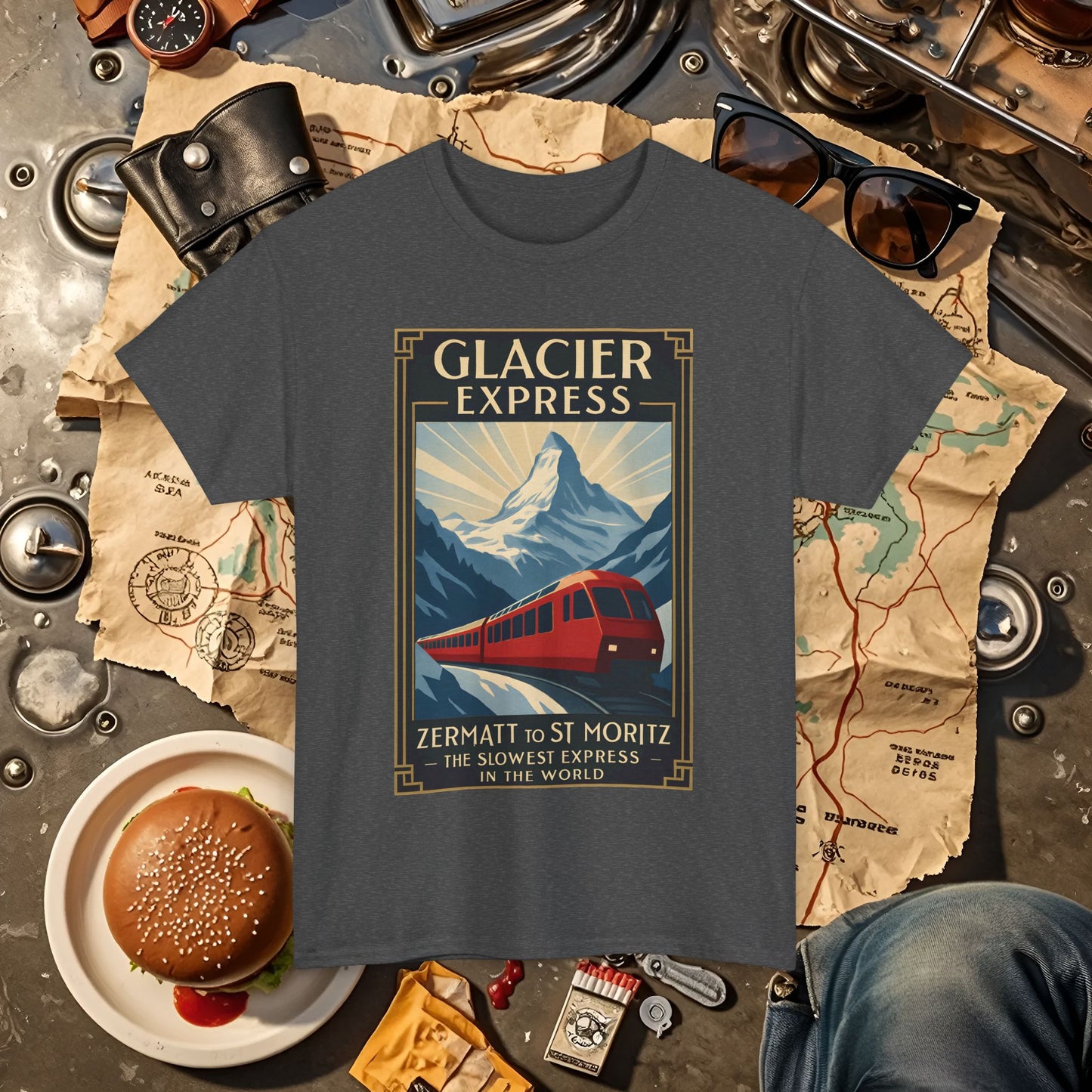 Glacier Express – Art Deco Alpine Train Adventure Tee Road Trip & Vehicle Travel T-Shirts | Car, RV, and Motorcycle Adventure Tees