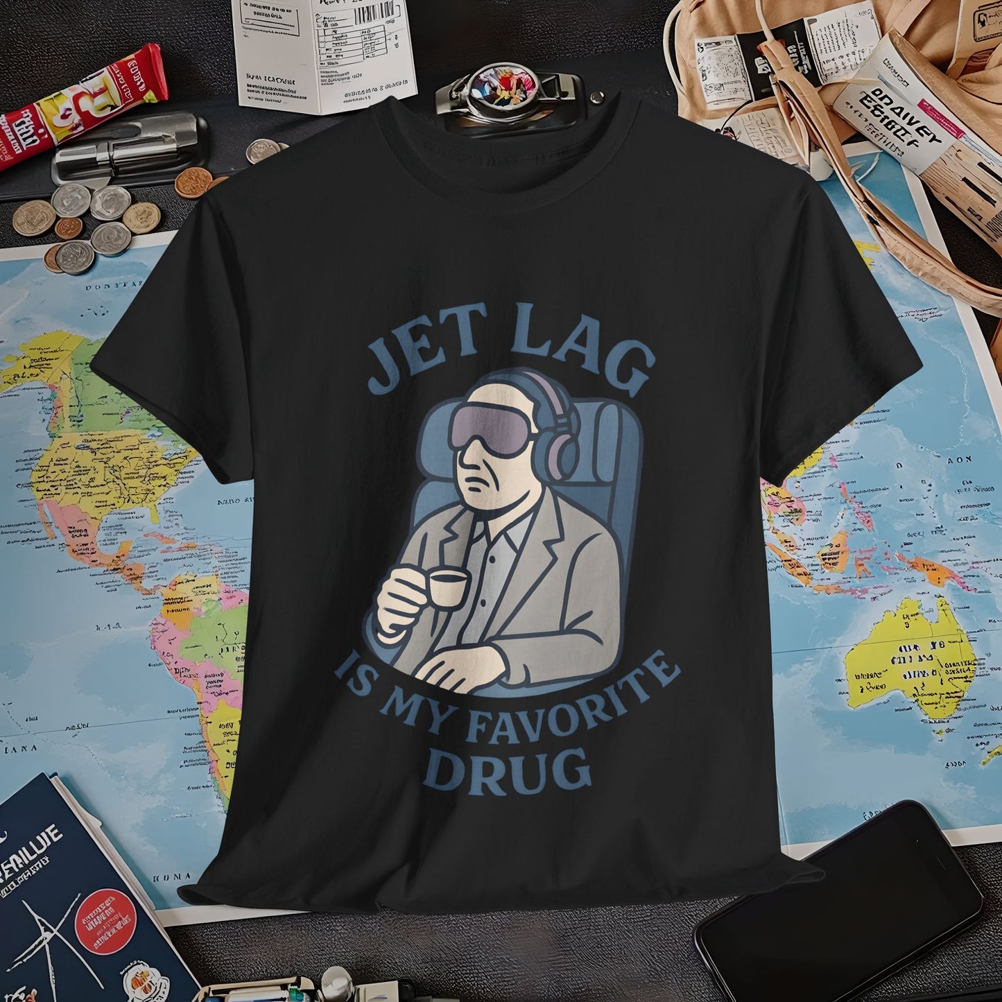 Jet Lag Is My Favorite Drug – Vintage Espresso & Travel Vibes Tee Air Travel T-Shirts | Jetsetter, Airport, and International Flight Tees